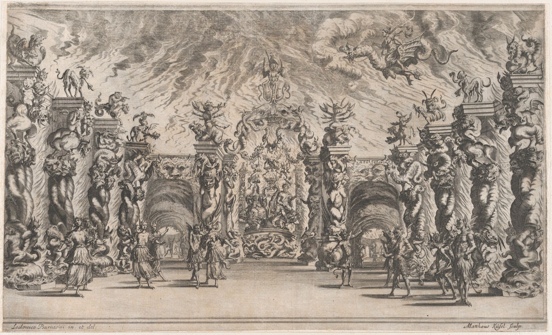 Kingdom of Pluto; a view of the underworld with Pluto and Proserpina enthroned at center, surrounded by demons; set design from 'Il Pomo D'Oro' by Mathäus Küsel