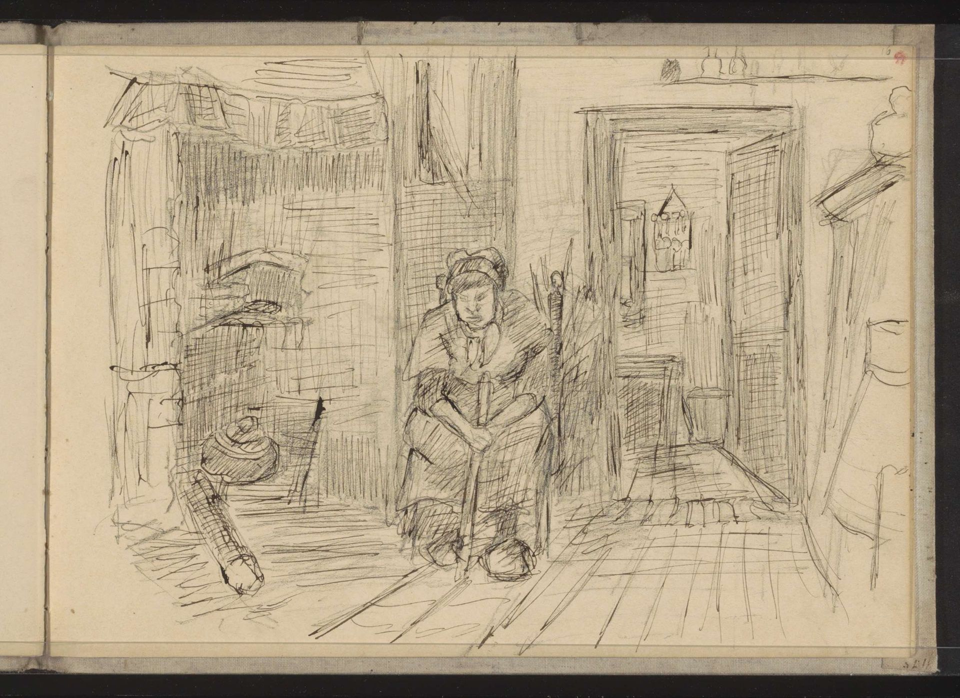 Zittende vrouw in een boereninterieur by Jozef Israëls