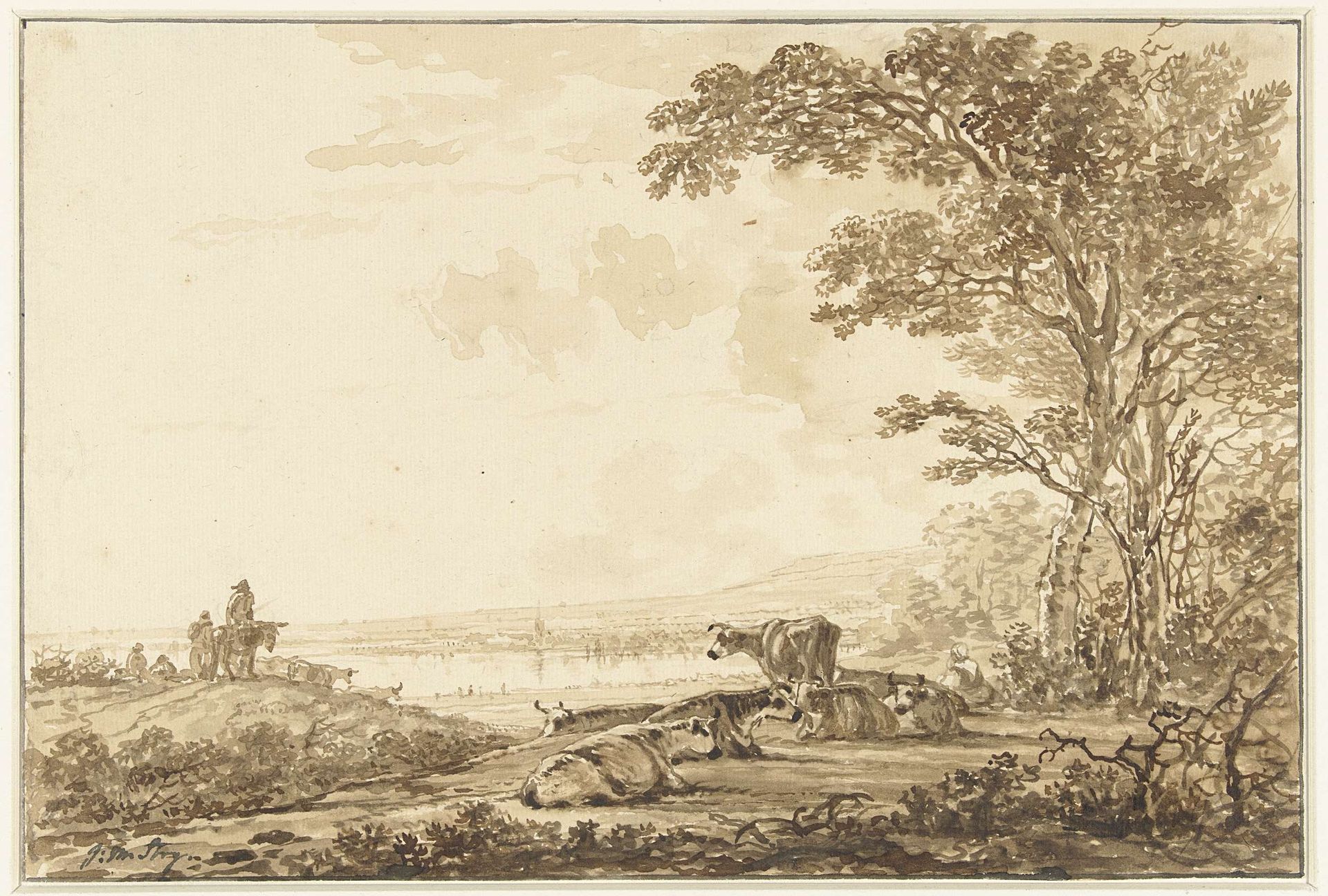 Rivierlandschap met rustend vee by Jacob van Strij