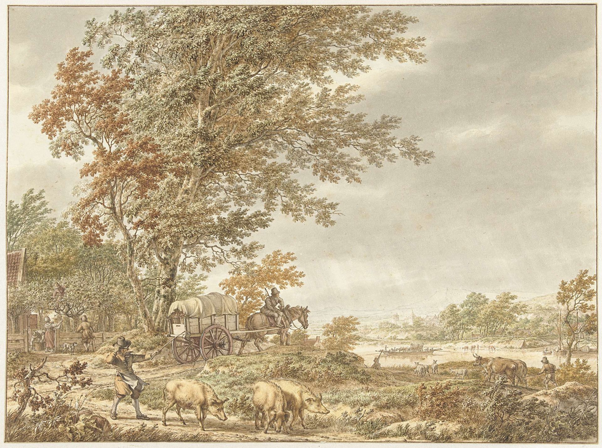 Heuvellandschap met varkenshoeder en andere stoffage, een rivier in de verte by Jacob Cats