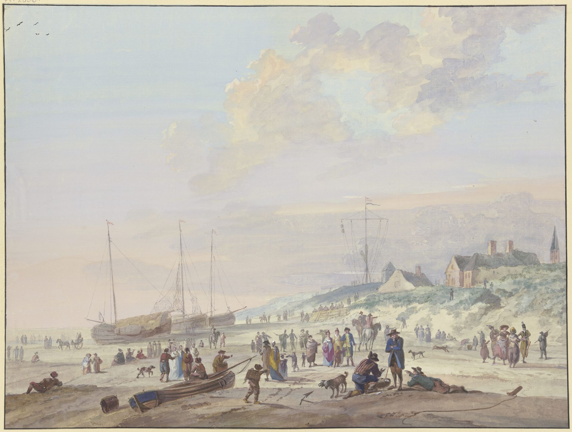 Strand, drei Fischerbarken sind an Land gezogen, viele Personen belustigen sich, rechts ein Dorf auf der Düne by Arie Lamme