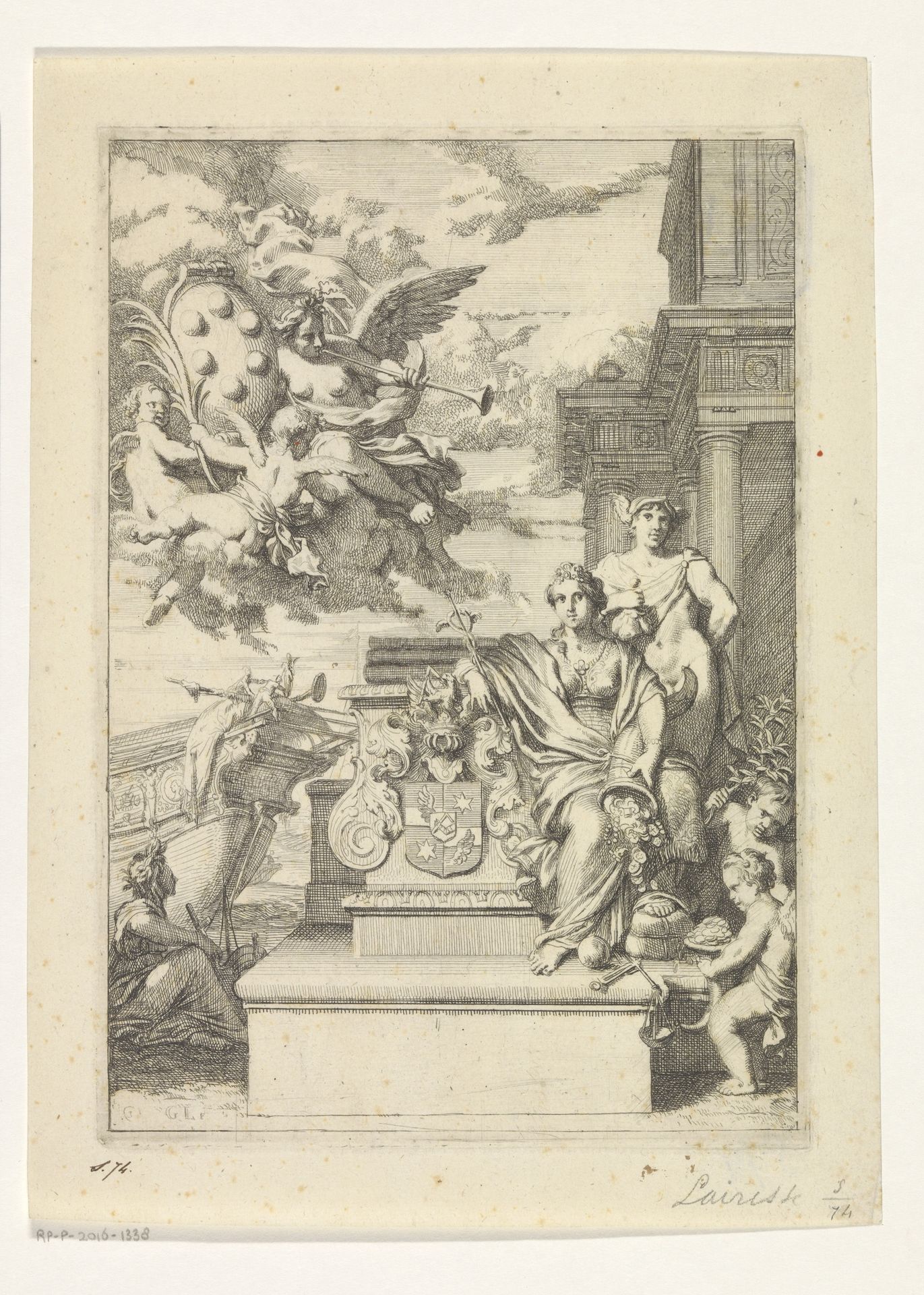 Titelpagina met een allegorie op de handel en het familiewapen van De Medici by Gerard de Lairesse
