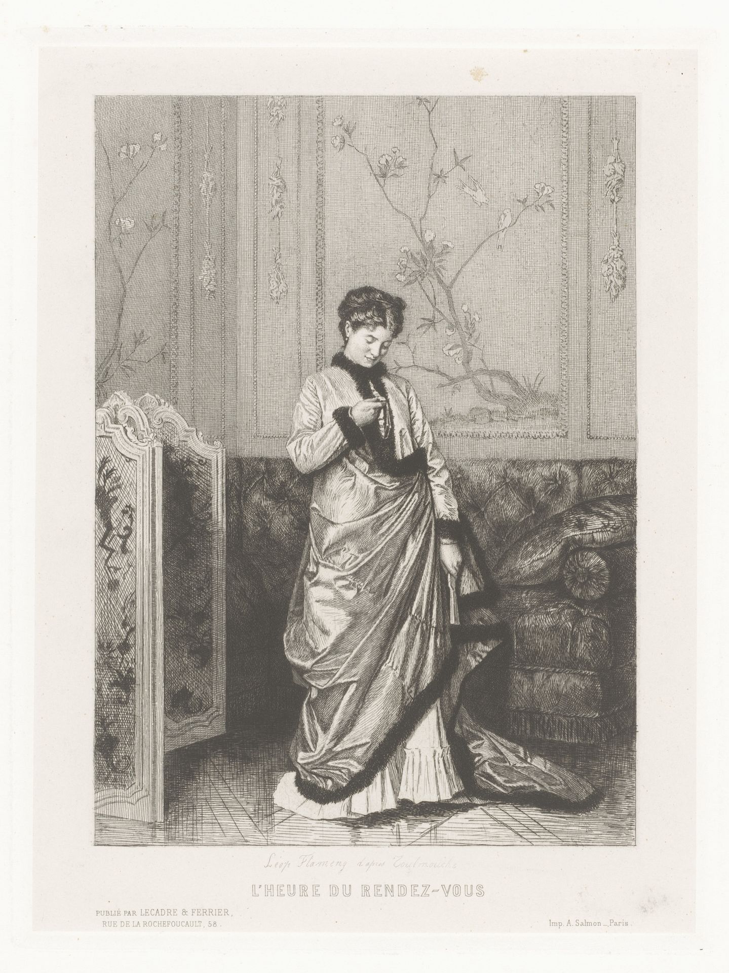 Jonge vrouw kijkt op haar horloge by Léopold Flameng