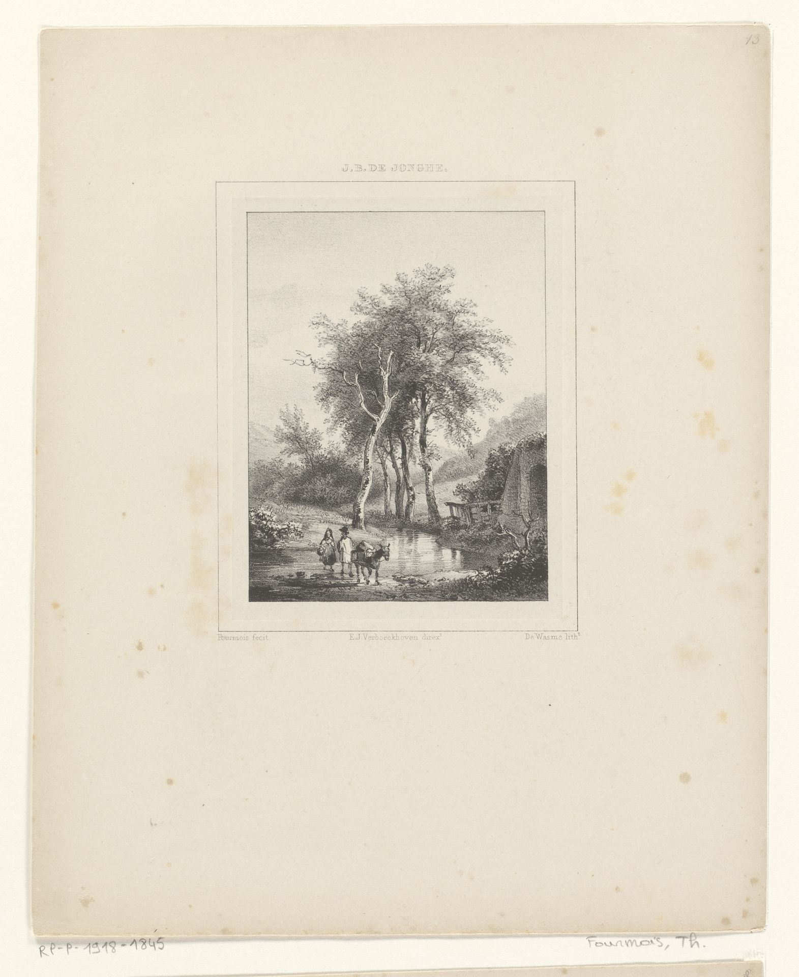 Landschap met twee figuren en een ezel by Théodore Fourmois