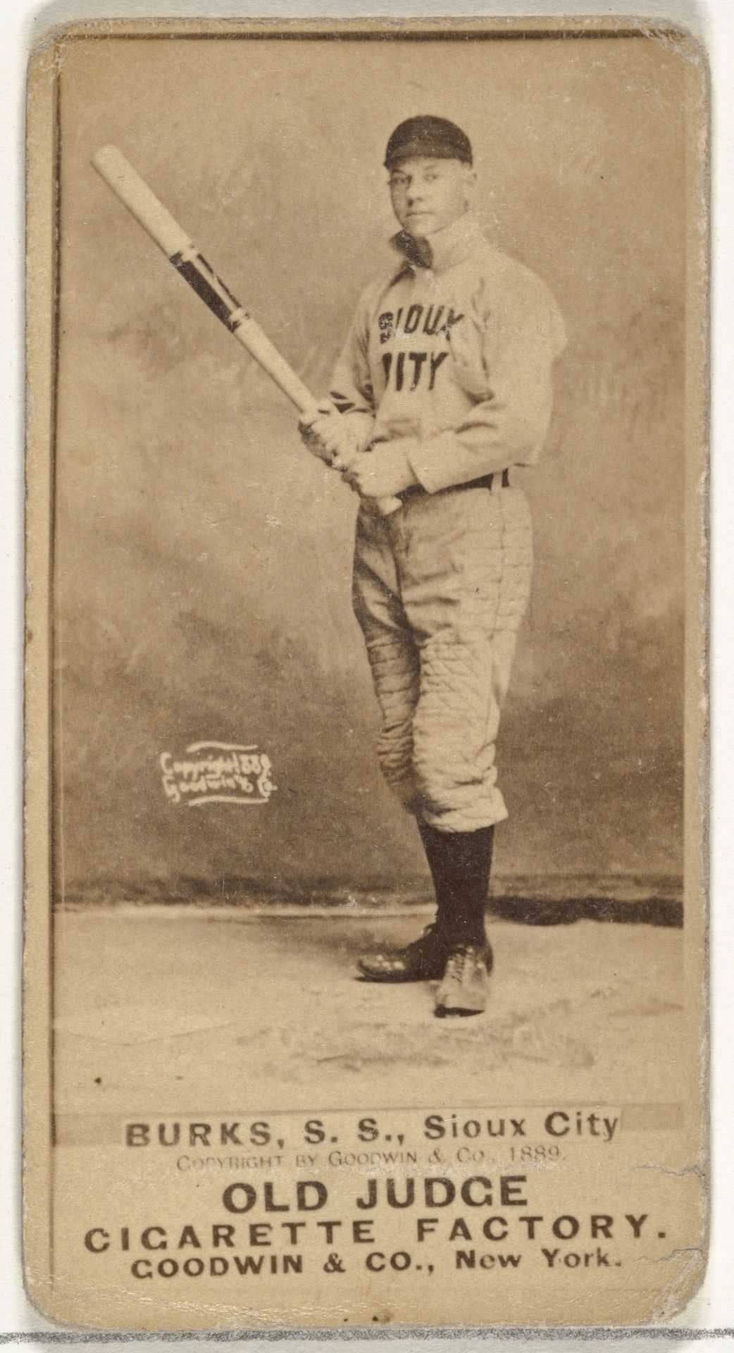 Robert E. Burks, Shortstop, Sioux City Corn Huskers, from the Old Judge series (N172) for Old Judge Cigarettes by Goodwin & Company