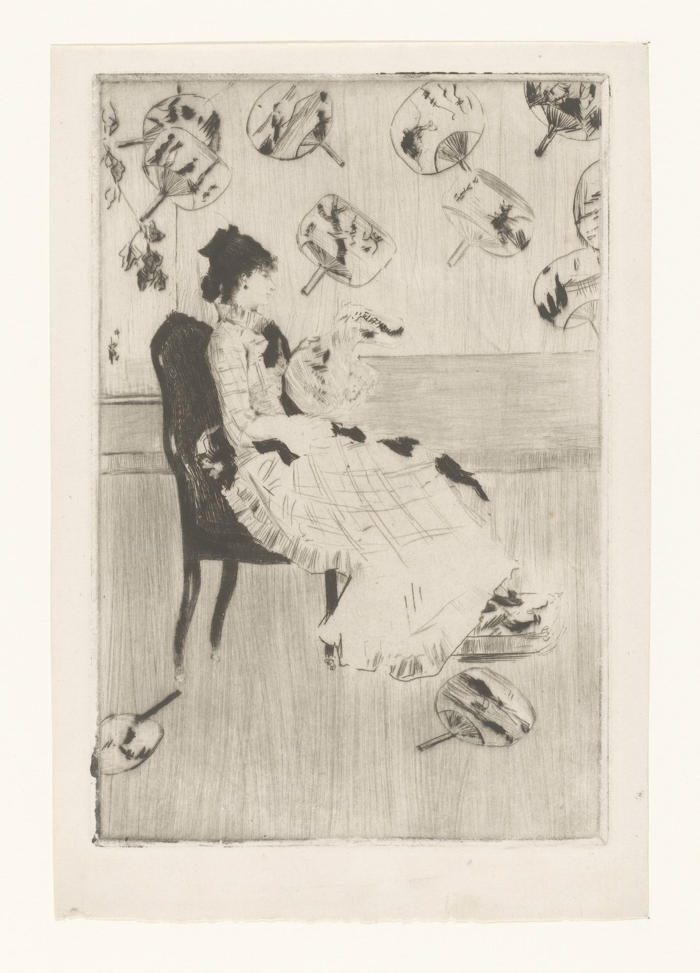 Zittende vrouw, omringd door Japanse waaiers by Norbert Goeneutte