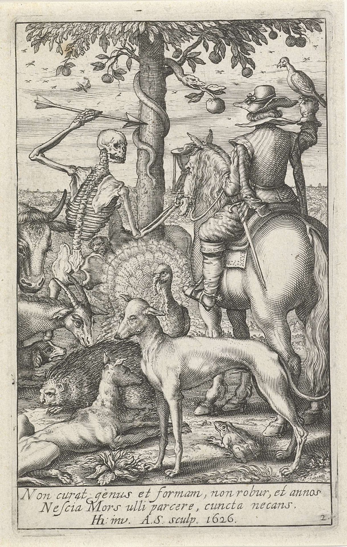 Skelet met pijl en valkenier, temidden van dieren by Andries Stock