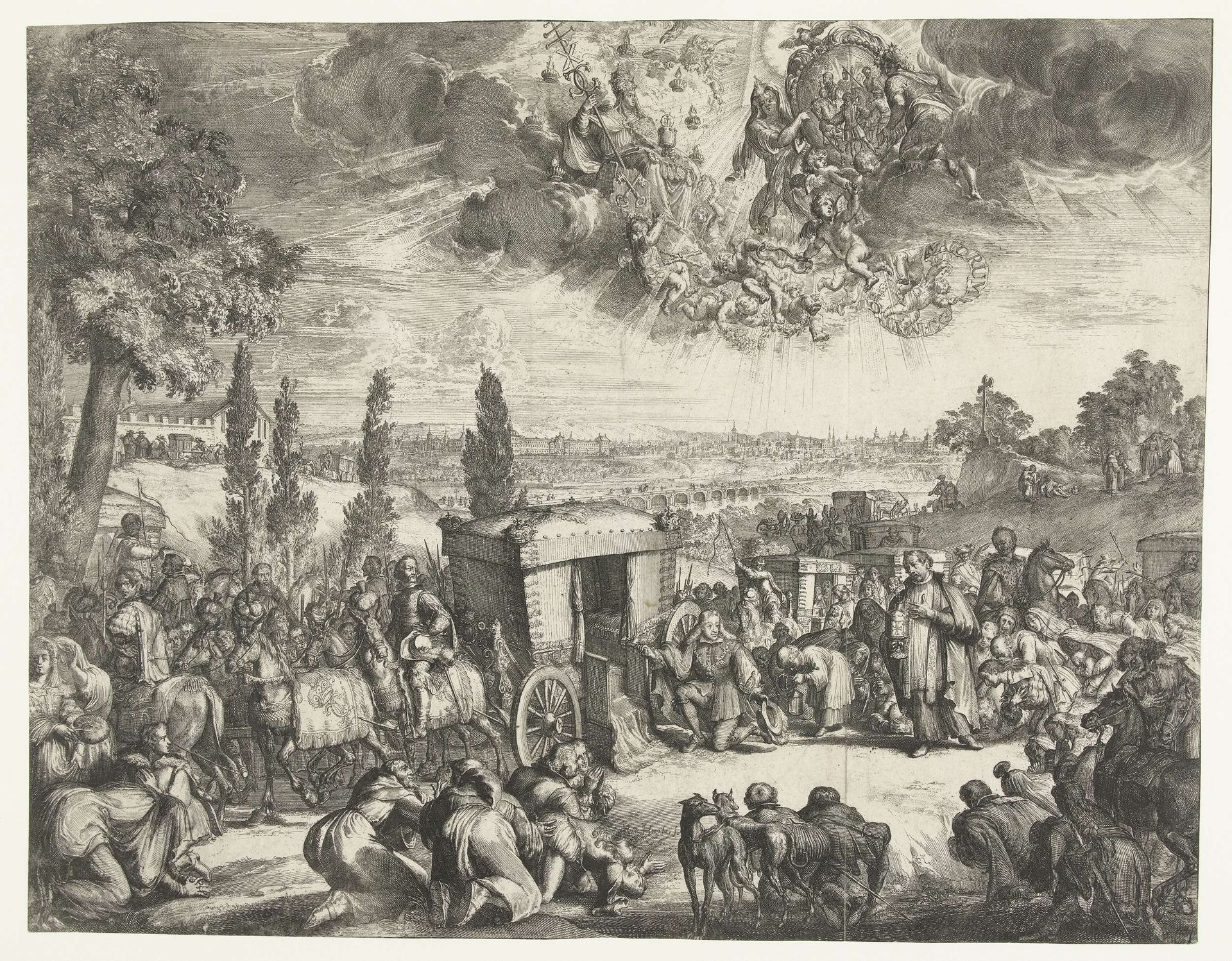 Karel II van Spanje knielend bij een koets by Romeyn de Hooghe