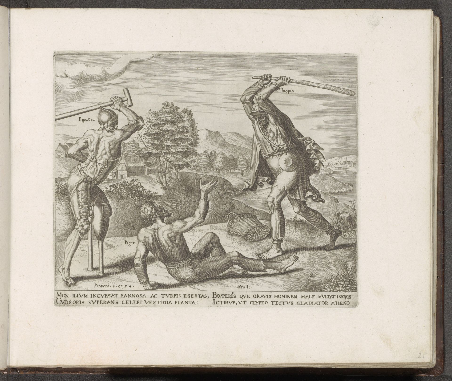 De luiaard wordt neergeslagen door Armoede en Gebrek by Philips Galle