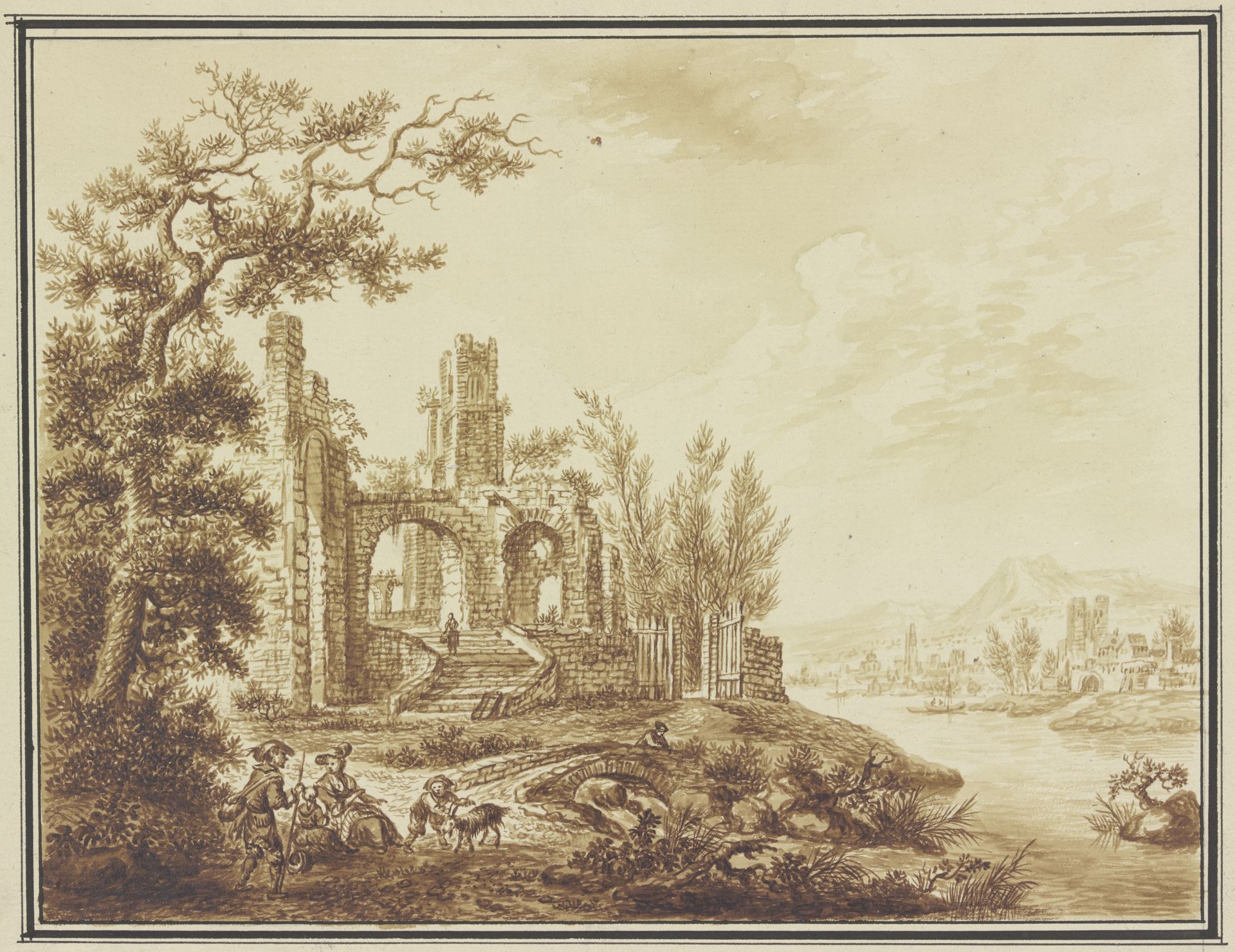 Links unter einem Baum Ruinen, rechts Ausblick auf eine Flußlandschaft, im Vordergrund ein rastendes Paar mit zwei Kindern by Franz Hochecker