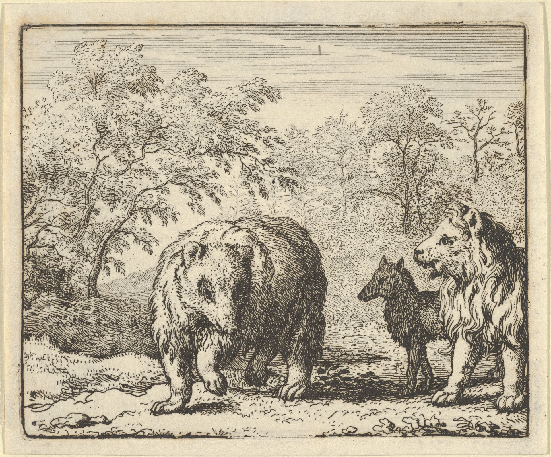 The Lion Frees the Bear and the Wolf from Hendrick van Alcmar's Renard The Fox by Allart van Everdingen