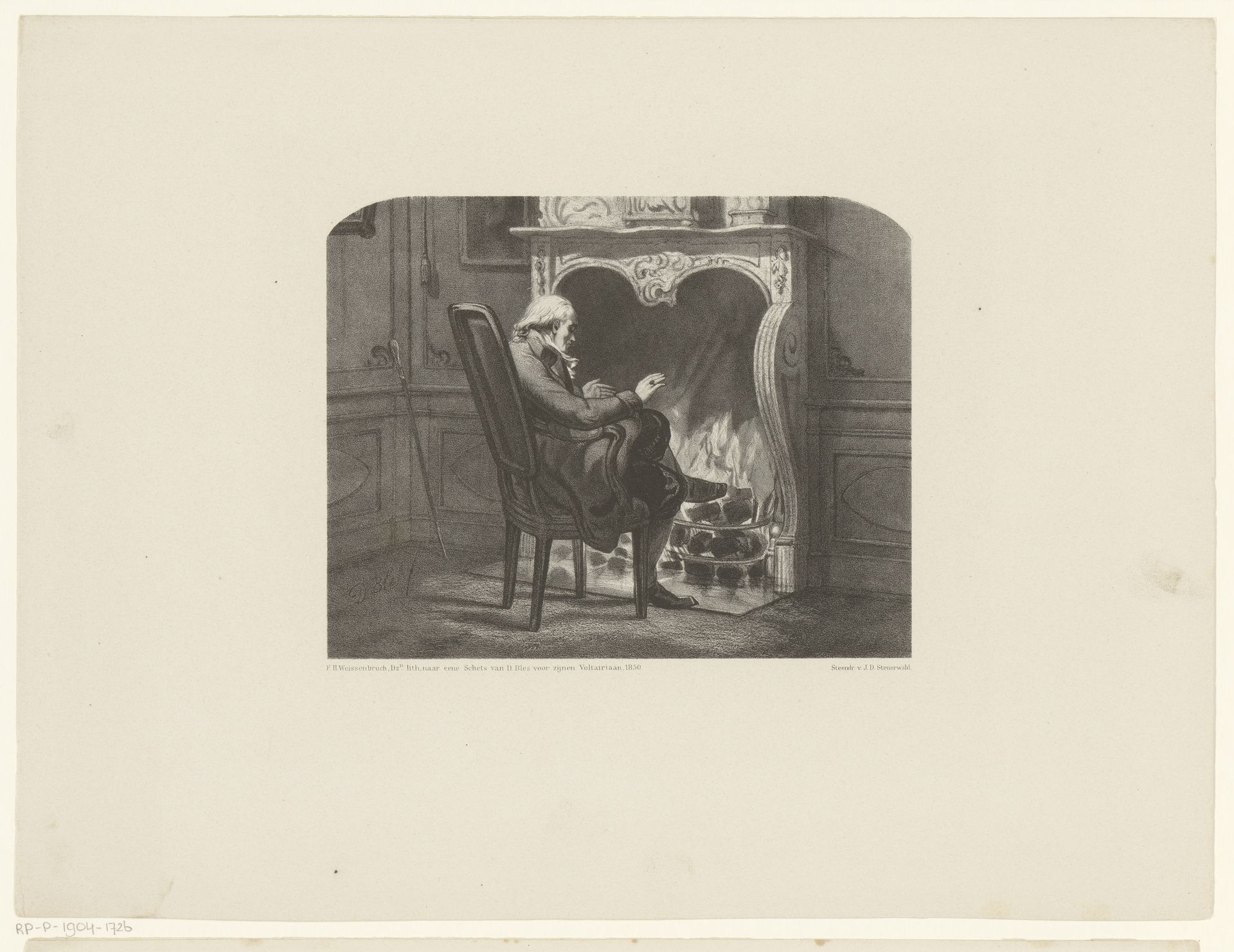 Oude man warmt zich bij de haard by Frederik Hendrik Weissenbruch