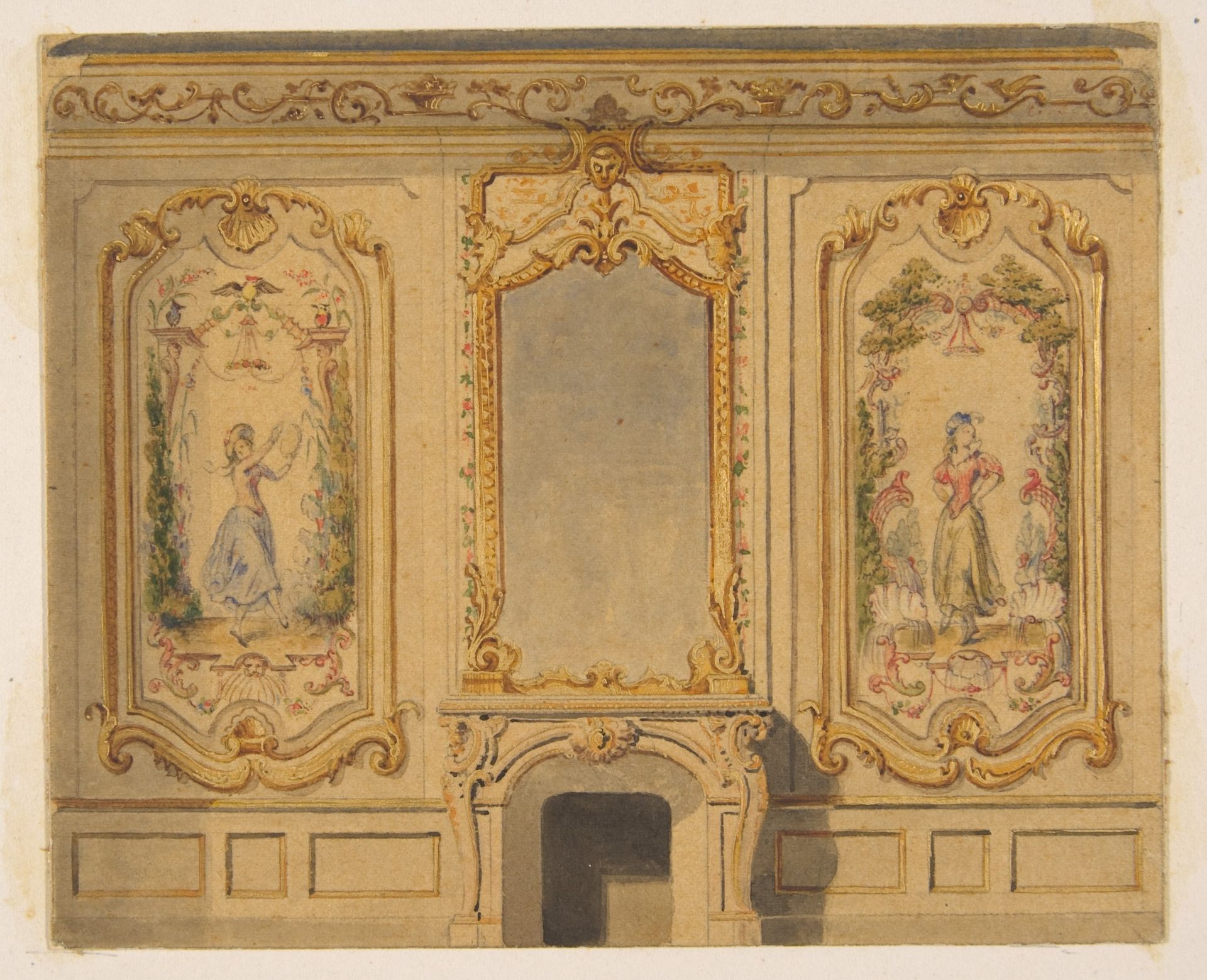 Elevation of an interior wall decorated with a chimney piece surmouted by a mirror and flanked with painted panels by Jules-Edmond-Charles Lachaise
