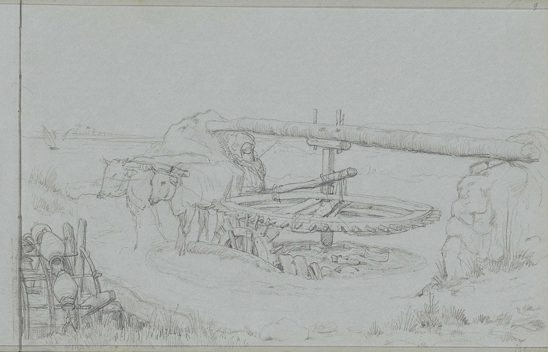 Ossen die een waterwiel aandrijven by Willem de Famars Testas