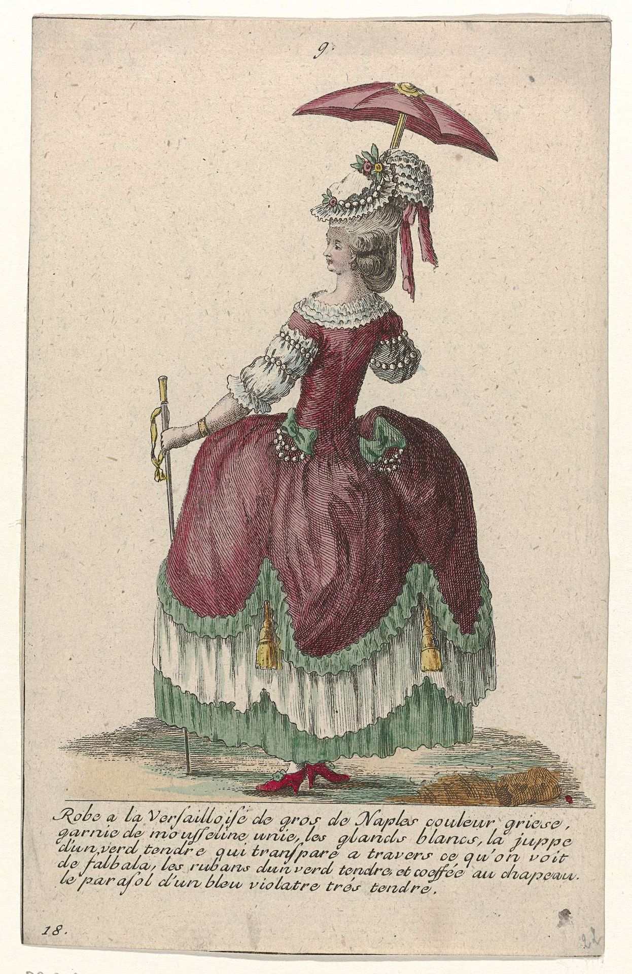 Gallerie des Modes et Costumes Français, 1785, No. 9, No. 18, Kopie naar N 74 : Robe a la Versaillois (...) by Pierre Gleich