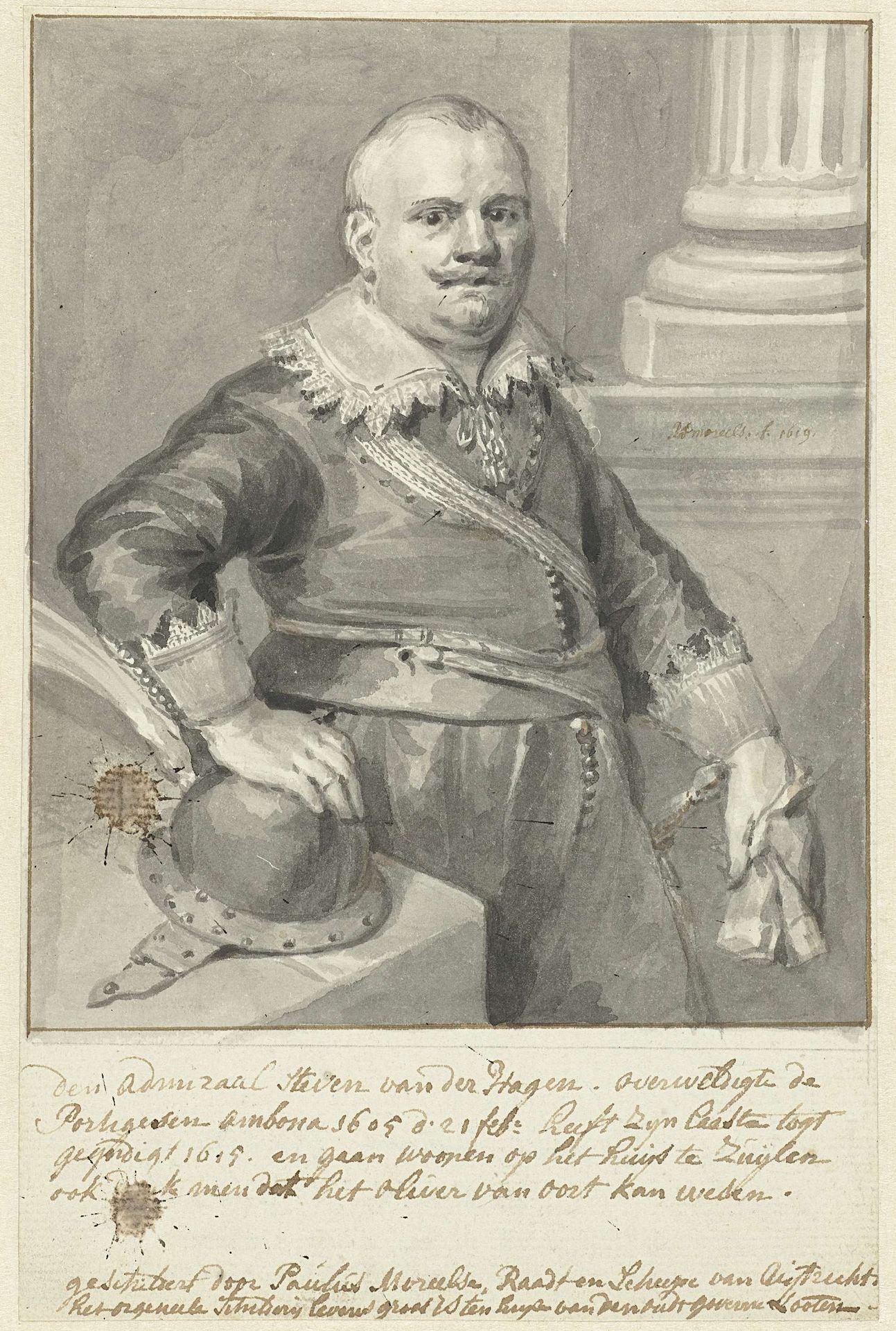 Portret van admiraal Steven van der Hagen of Olivier van Noort, staande bij een tafel met een helm by Aert Schouman