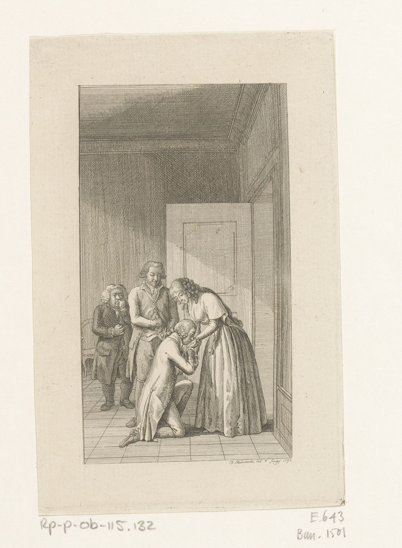 Sir Franklin knielt en kust Klara op de hand by Daniel Nikolaus Chodowiecki