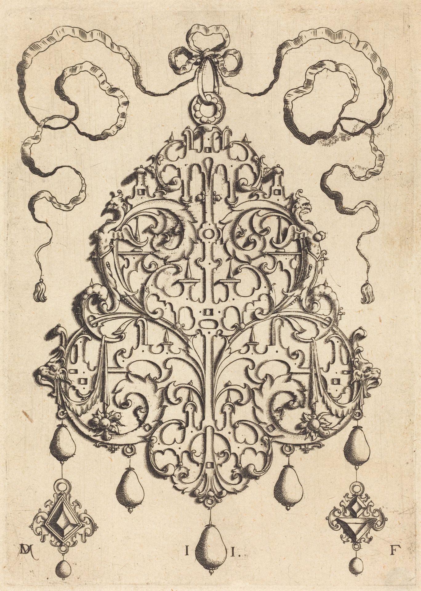 Large Strapwork Pendant with Two Hangers as Earrings at Left and Right by Daniel Mignot