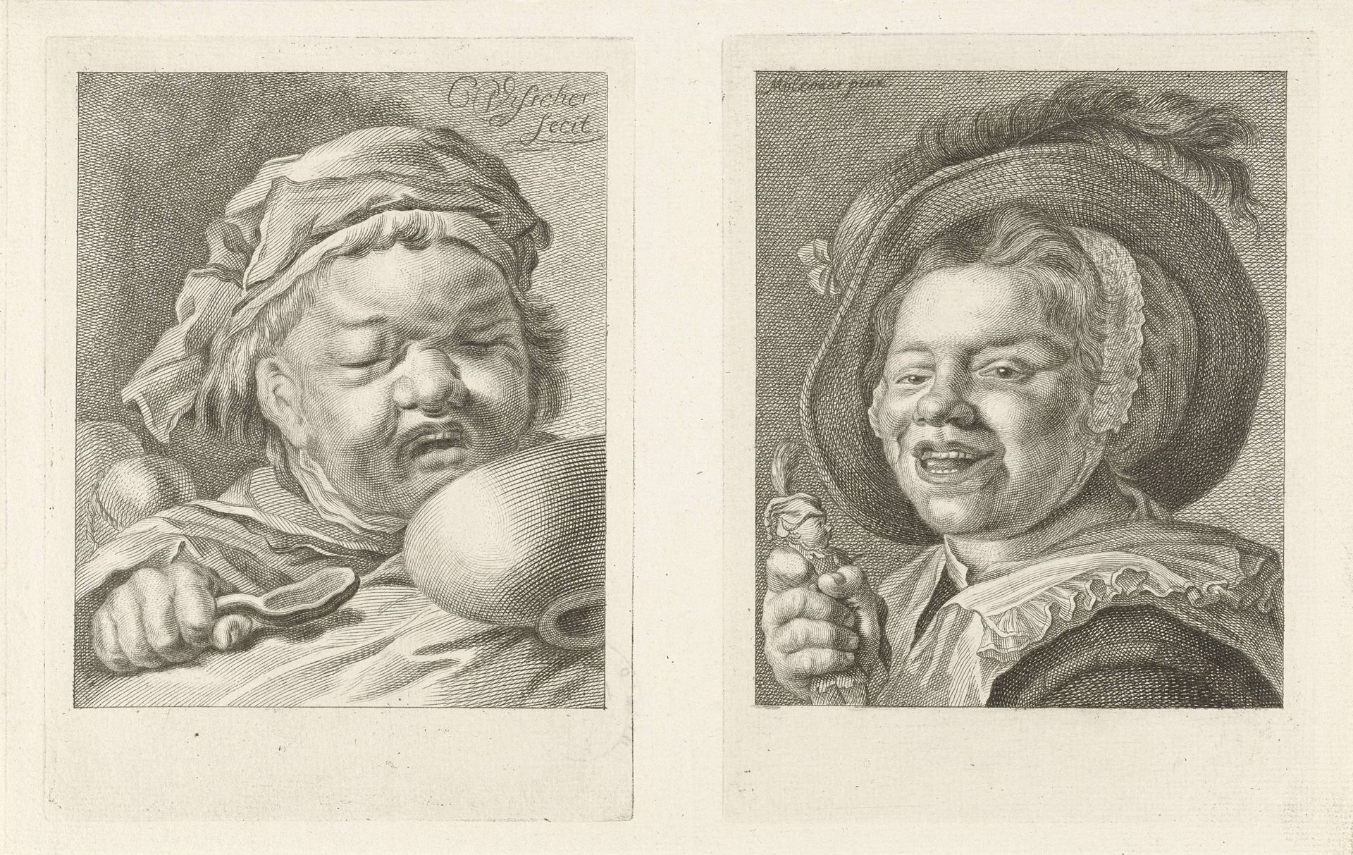 Huilend kind met nap / lachend meisje met pop by Pieter de Mare