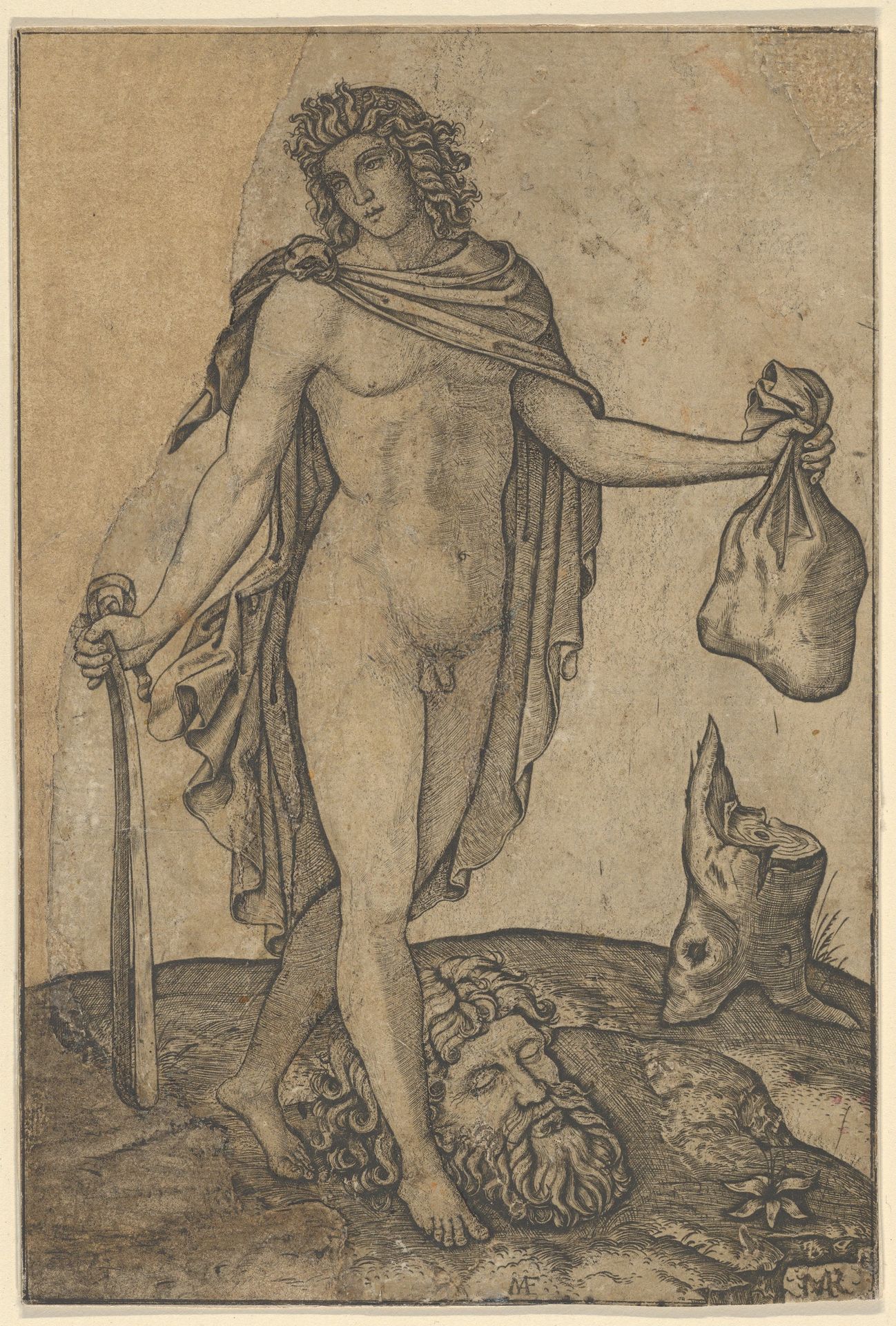 David standing, sword in lowered right hand, sack in the left, the head of Goliath on the ground beneath him by Marcantonio Raimondi