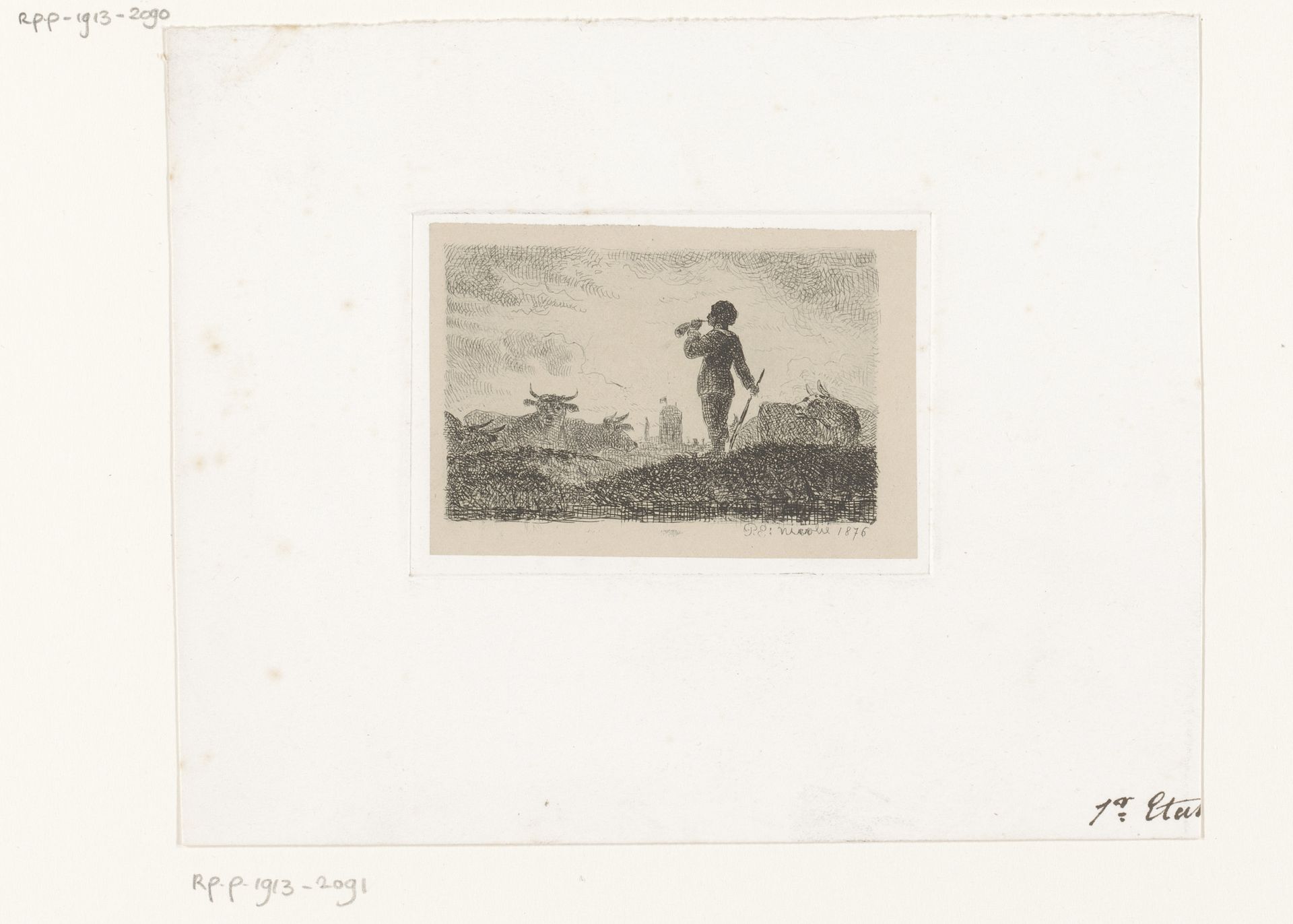 Landschap met runderen en een figuur blazend op een hoorn by Paul Emile Nicolié