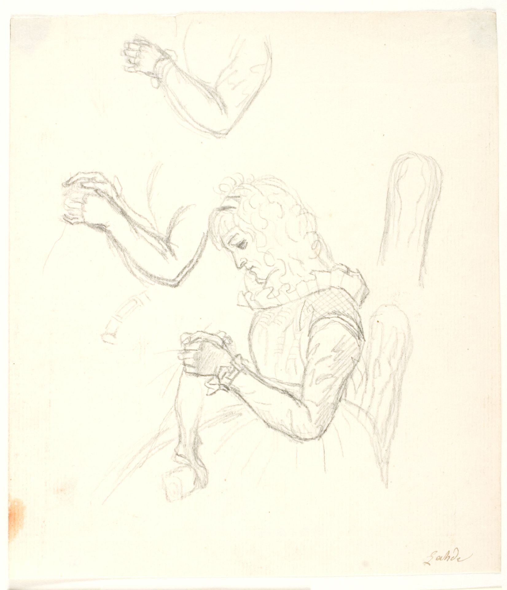 Siddende strikkende dame. Desuden to armstudier by Gerhard Ludvig Lahde