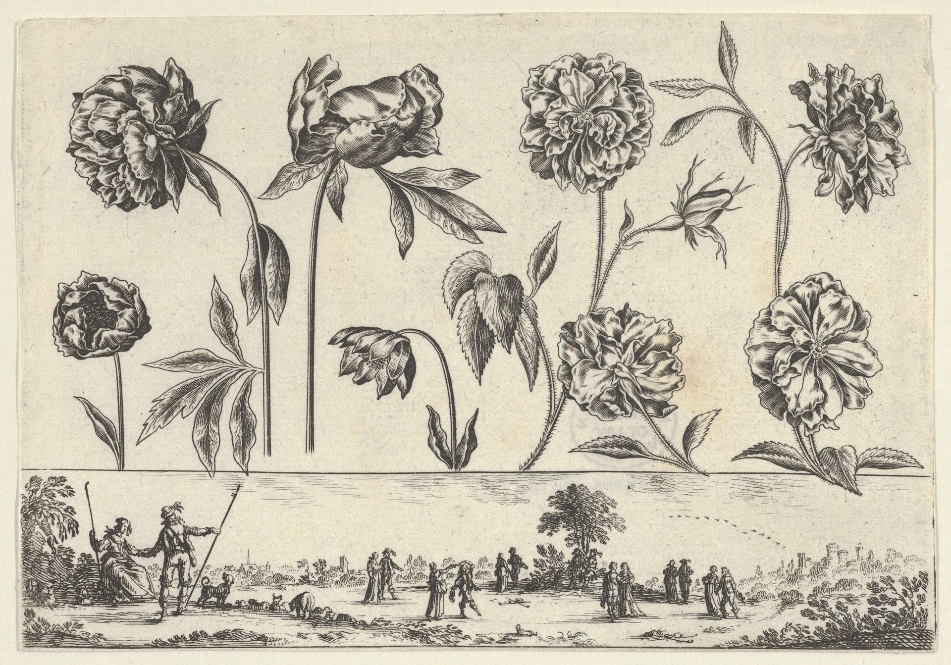 Horizontal Panel with a Row of Flowers Above a Frieze with Figures in a Landscape, from Livre Nouveau de Fleurs Tres-Util by Nicolas Cochin