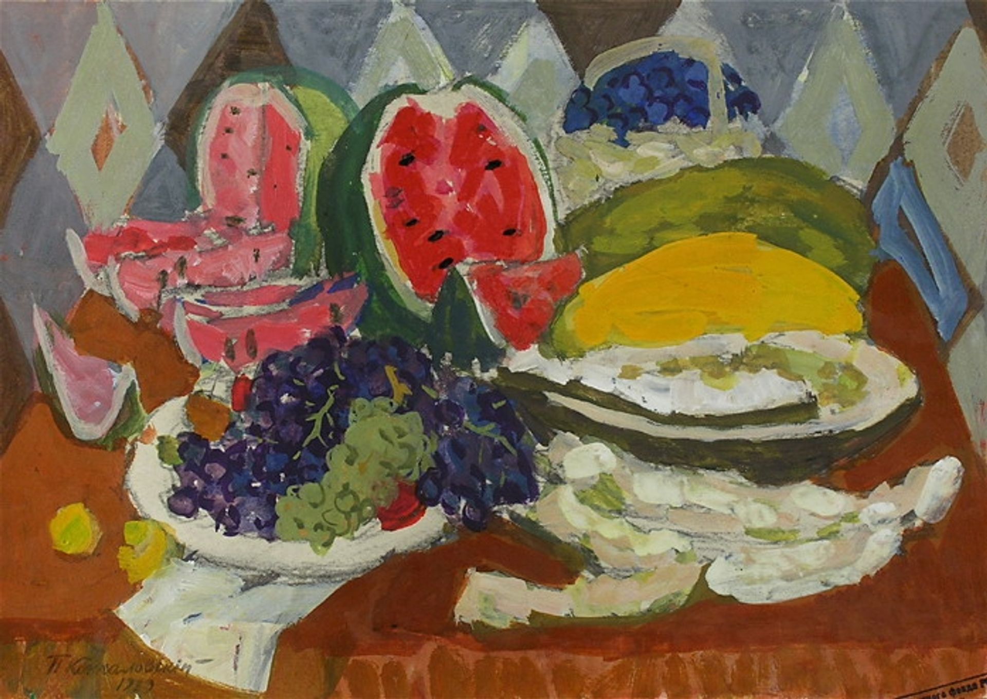 Still life with fruits and watermelon by Pyotr Konchalovsky