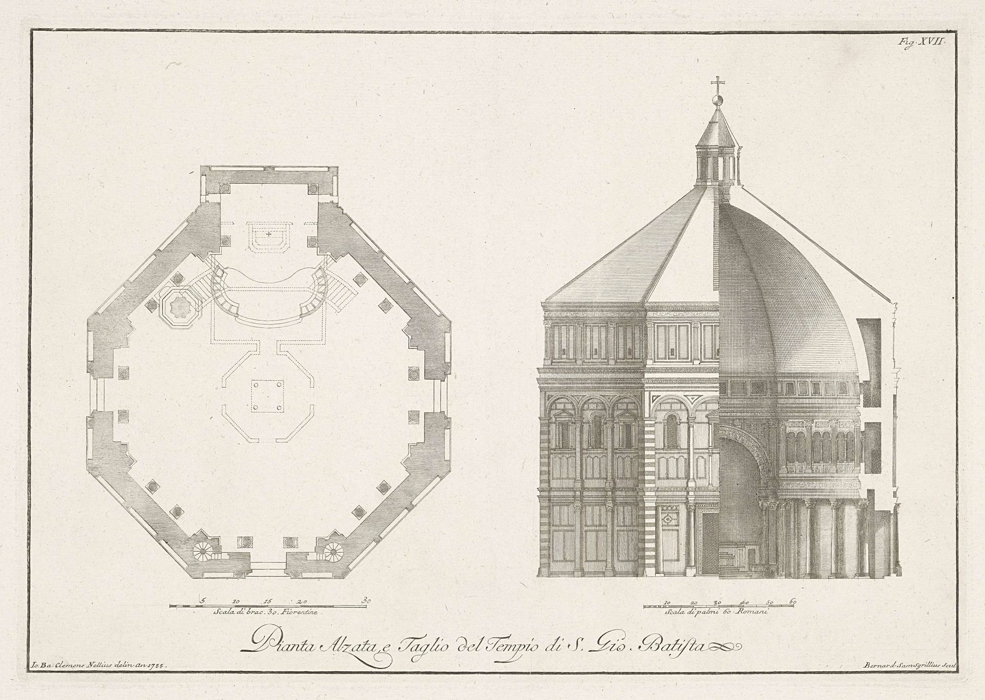 Dwarsdoorsnedes van het Battistero di San Giovanni te Florence by Bernardo Sansone Sgrilli
