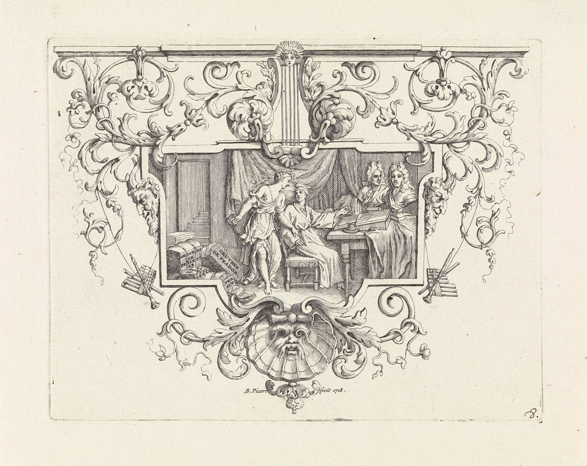 Nicolas Boileau bij zijn bureau met zijn muze by Bernard Picart