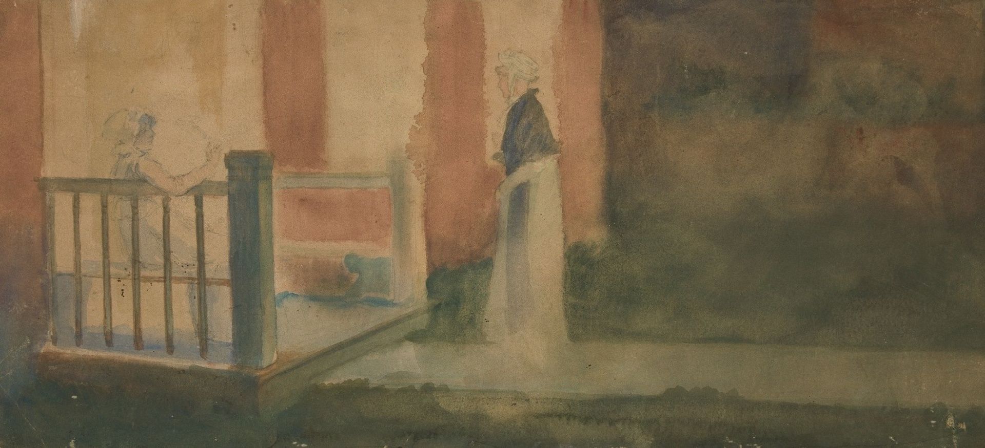 Two women conversing on a porch by Edwin Austin Abbey