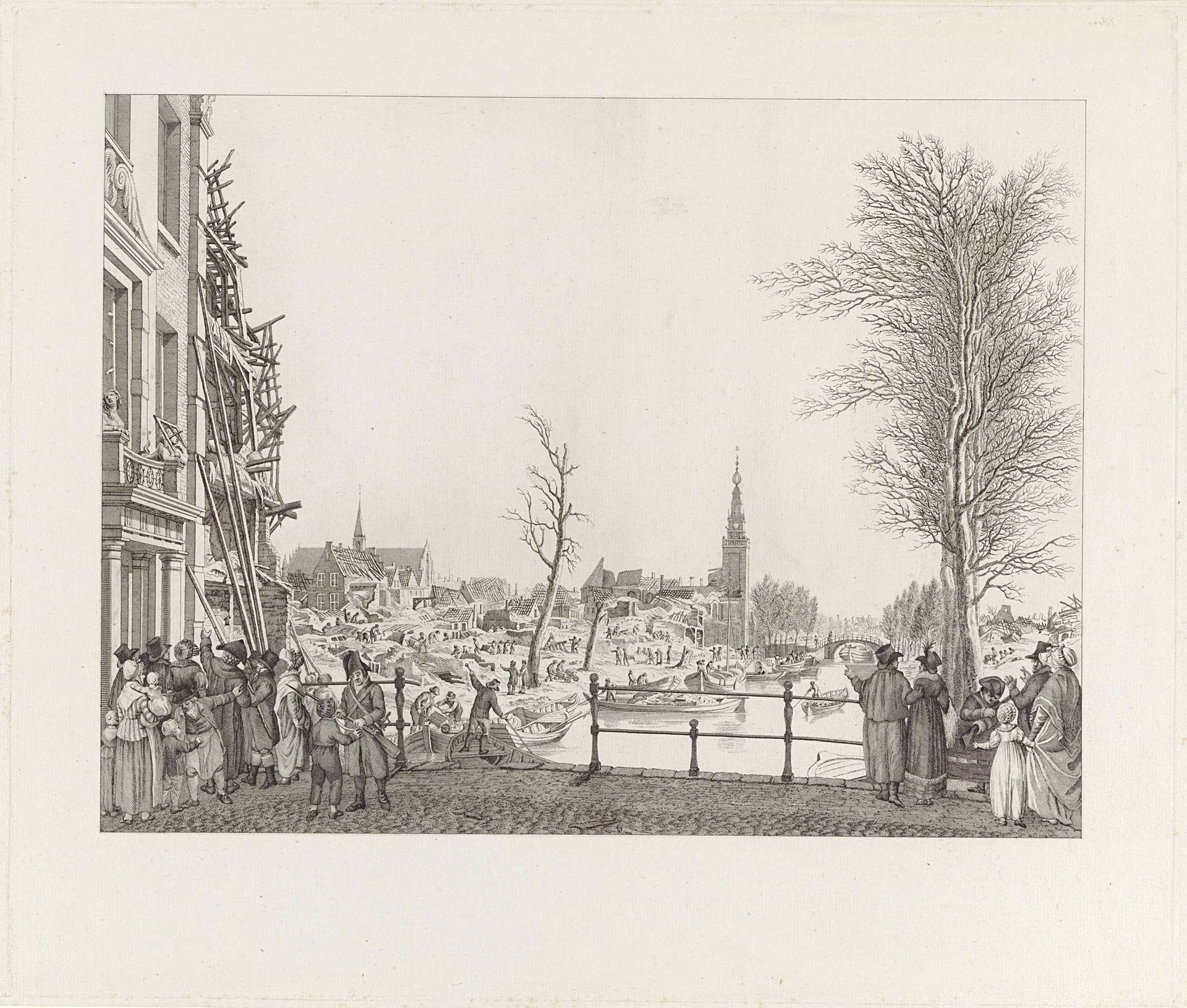Herstelwerk op het Rapenburg na de ramp, 1807 by Reinier Vinkeles