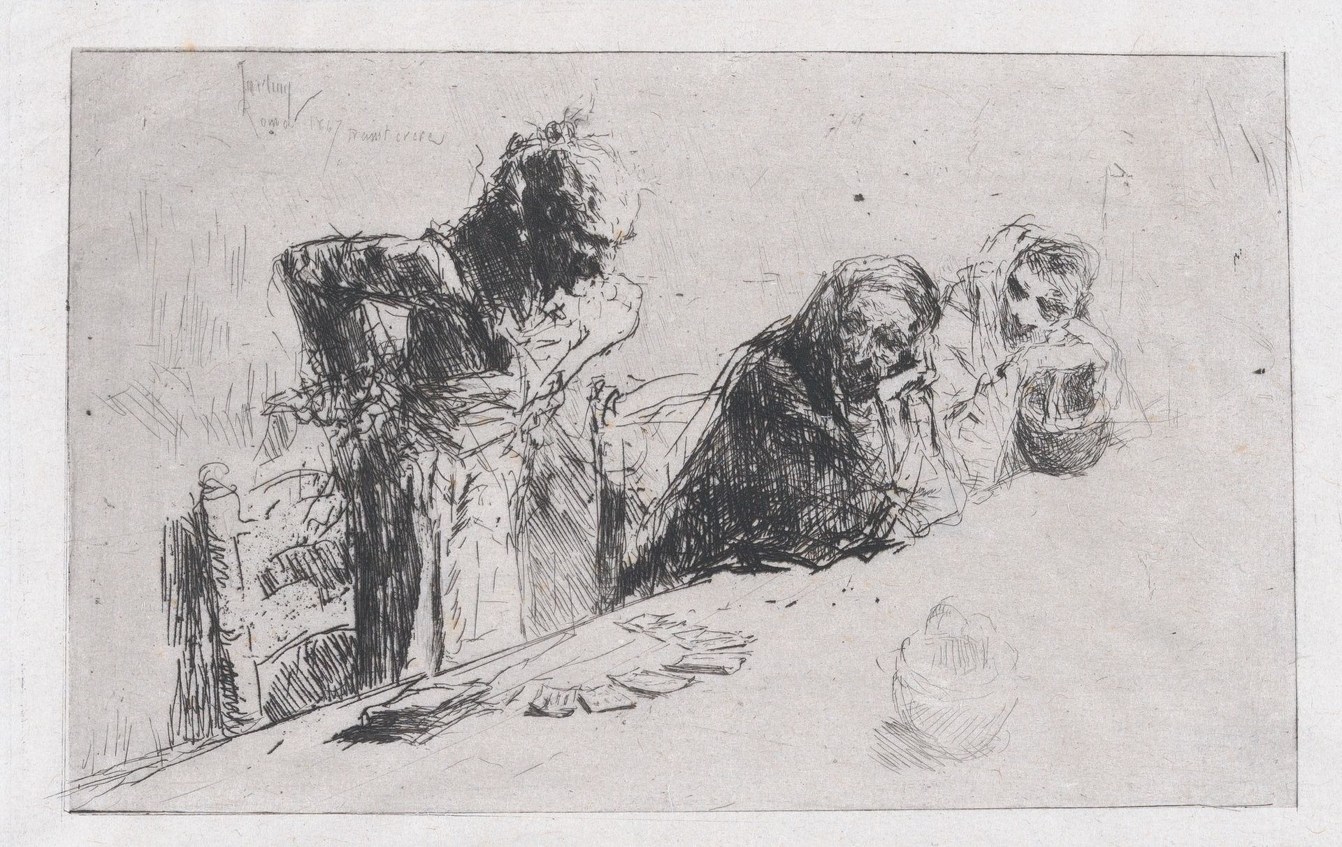 Cardplayers: three men, two seated one standing before a spread of cards on a table by Mariano Fortuny Marsal