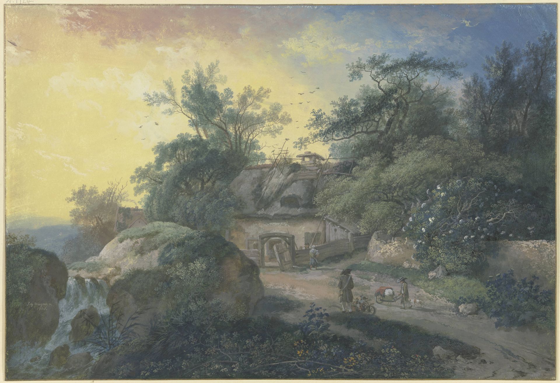 Bauernhof mit Staffagefiguren unter Bäumen bei einem blühenden Holunderbusch by Johann Georg Wagner
