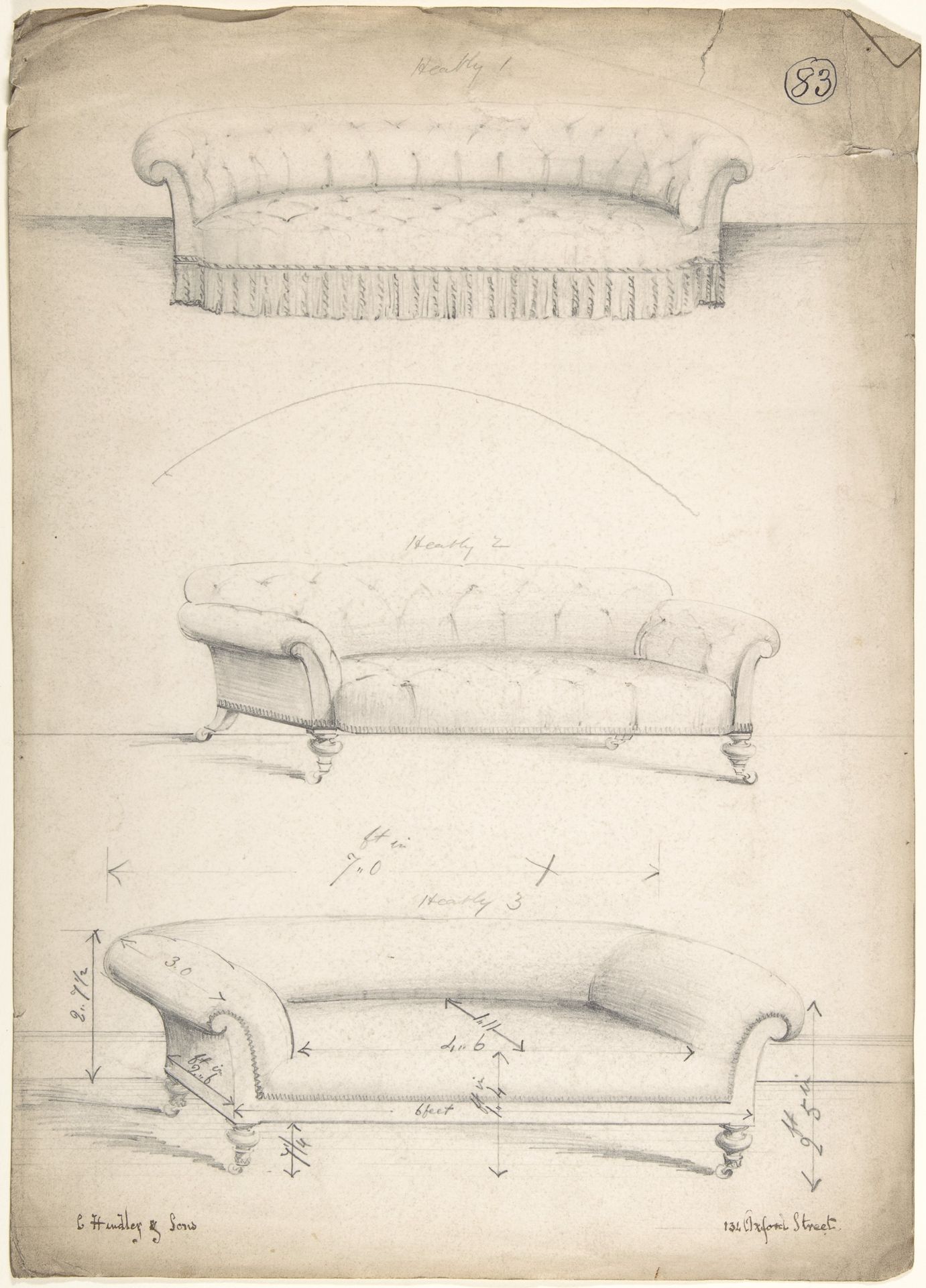 Designs for Three Couches by Charles Hindley and Sons