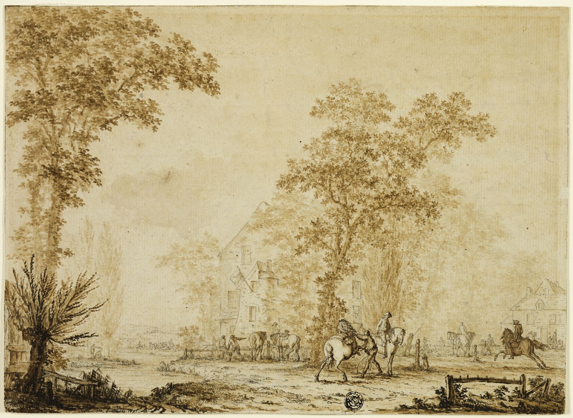 Soldiers Exercising Horses Near River by Jacques Francois Joseph Swebach des Fontaines