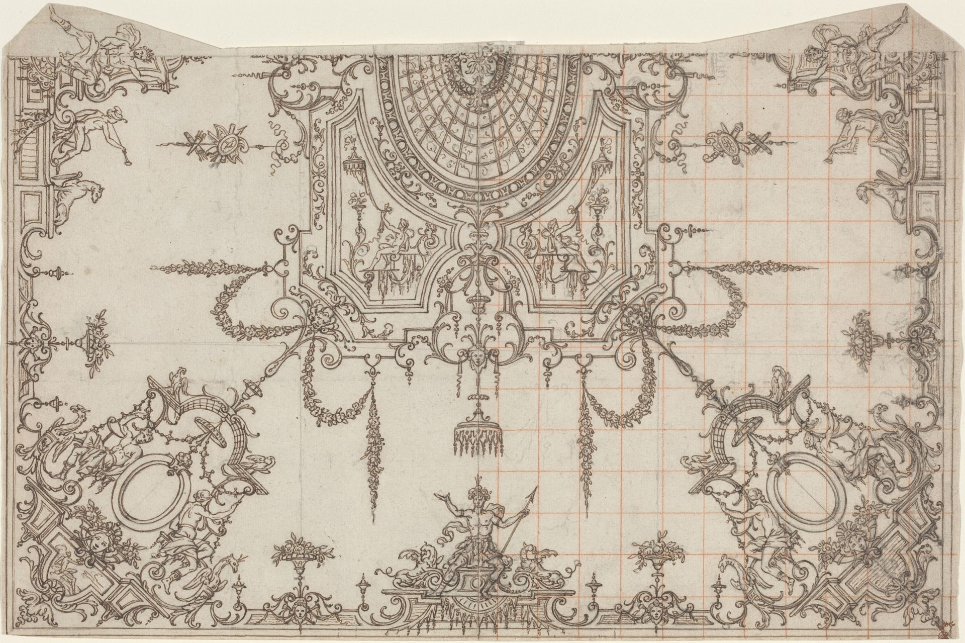 An Elaborate Ceiling with Trellises and Seated Figures by Jean Berain