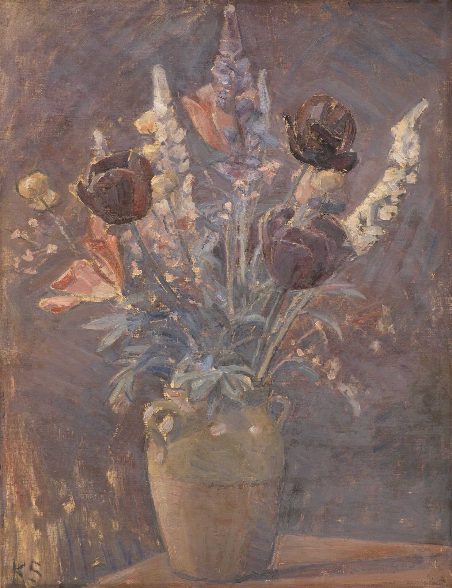 Lervase med tulipaner og andre blomster by Karl Schou