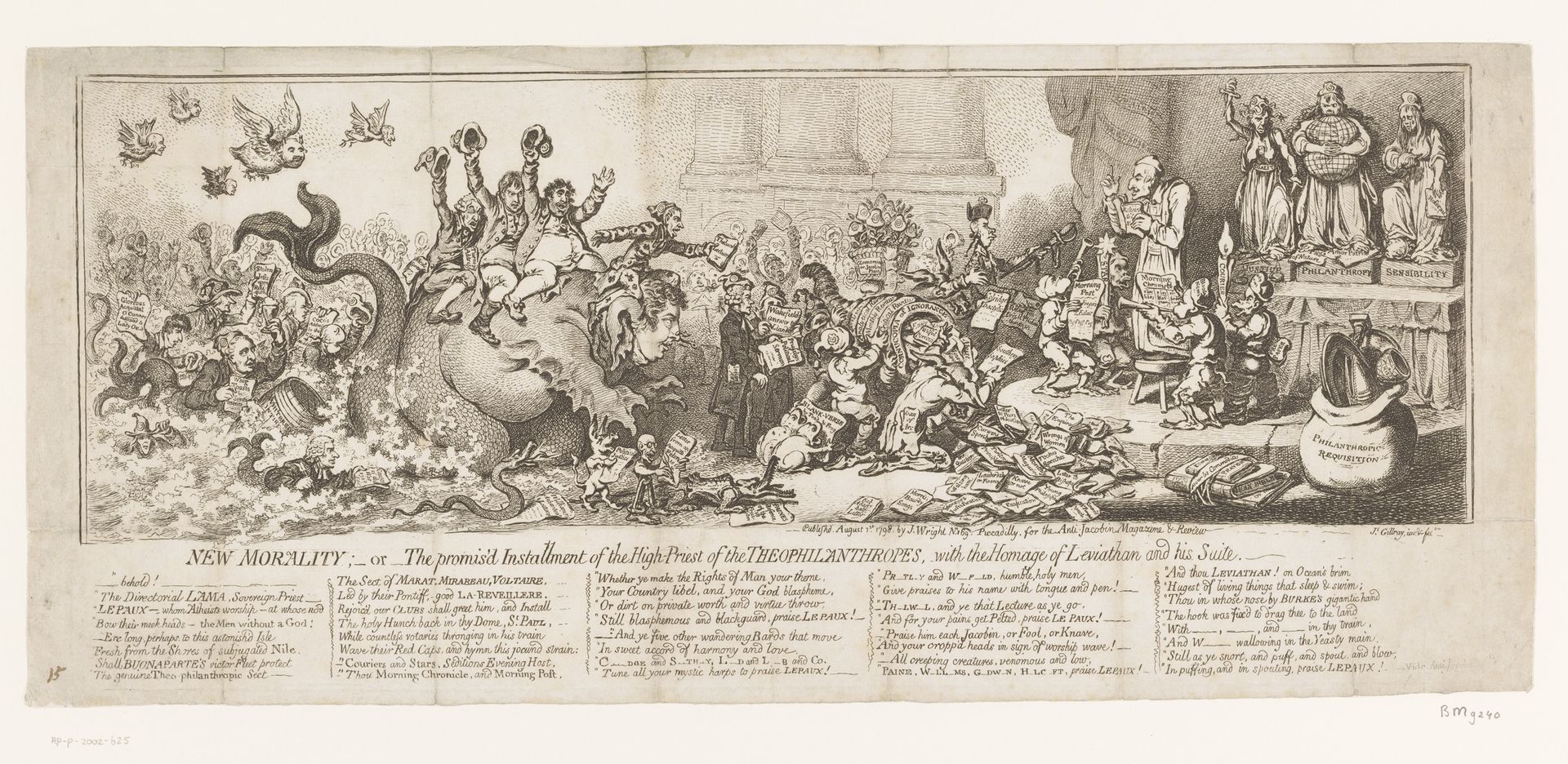 Louis-Marie de La Révellière-Lépeaux leest op een kruk op een podium uit Religion de la Nature omringd door karikaturen van mensen en dieren, waaronder Francis Russell, 5e hertog van Bedford, als Leviathan by James Gillray