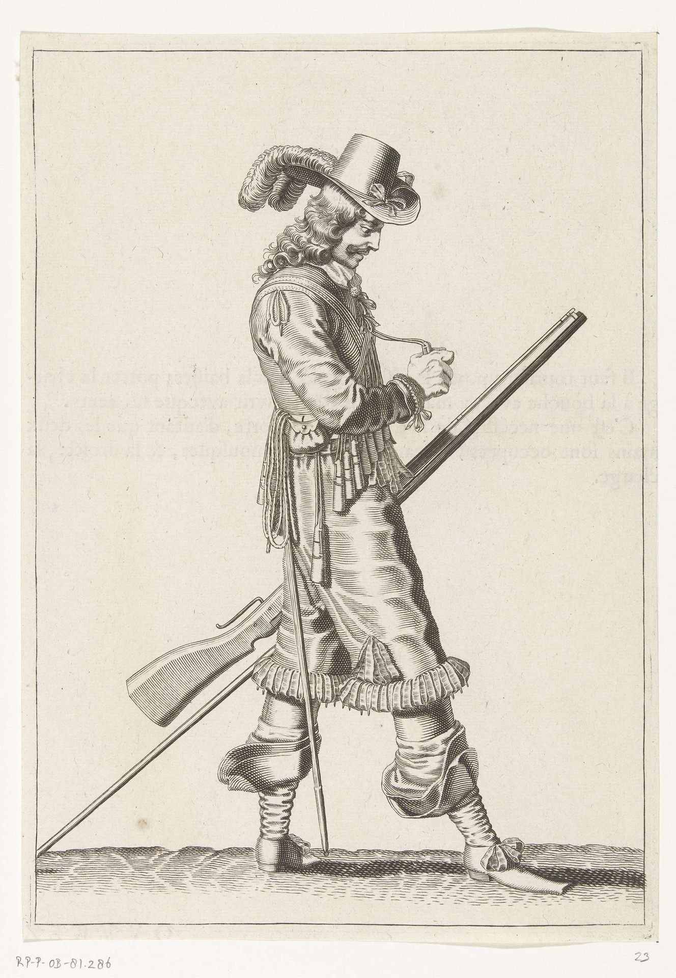 Soldaat met een musket die een kruitmaat opent, ca. 1645 by Petrus Rucholle