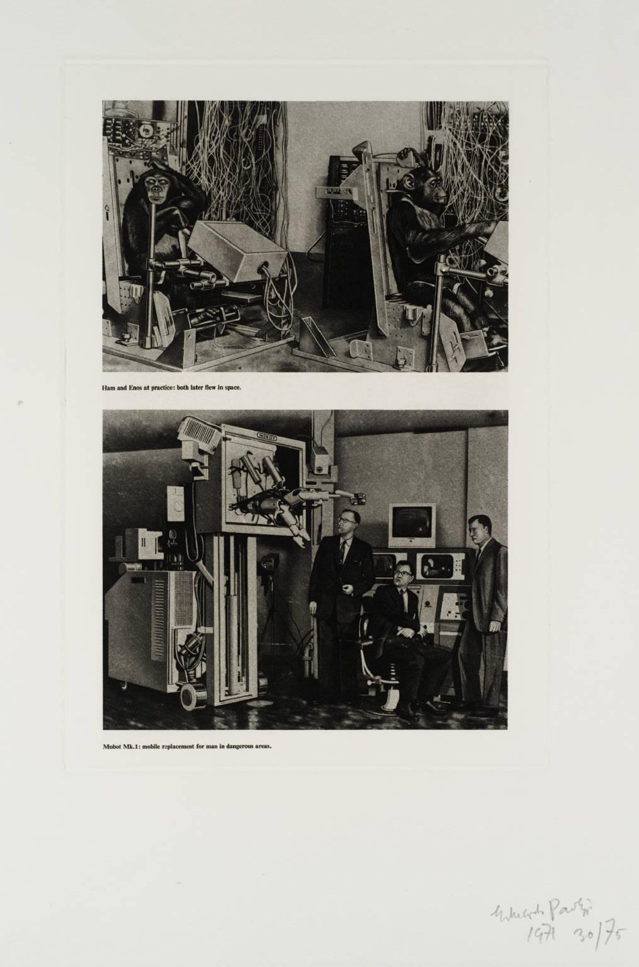 F. Top: Chimpanzee in a Test Box Designed for Space Flight. Bottom: Mobot Mark I by  Sir Eduardo Paolozzi