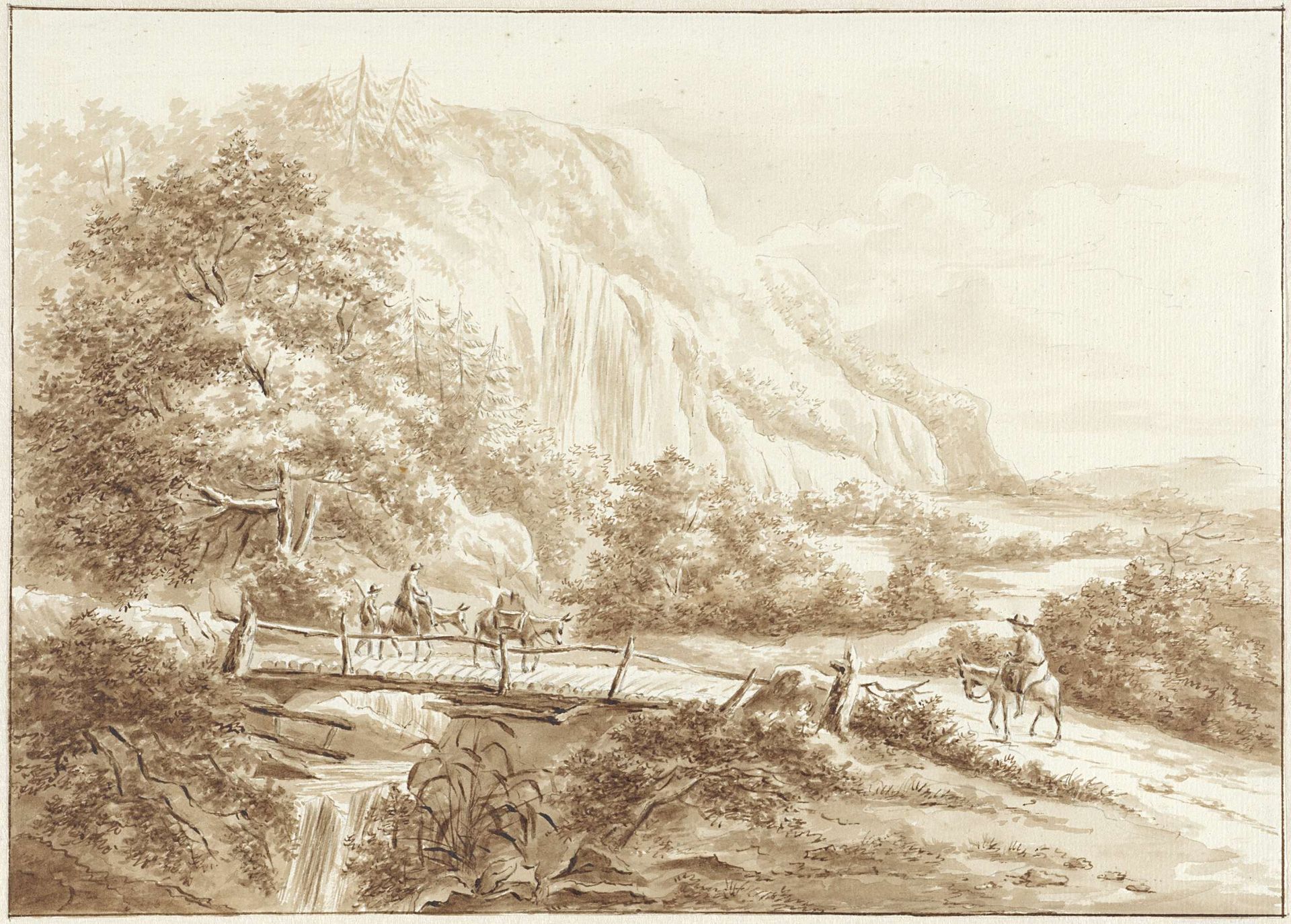 Berglandschap met reizigers op ezels, die een houten brug oversteken by W.C.E. Roelofs