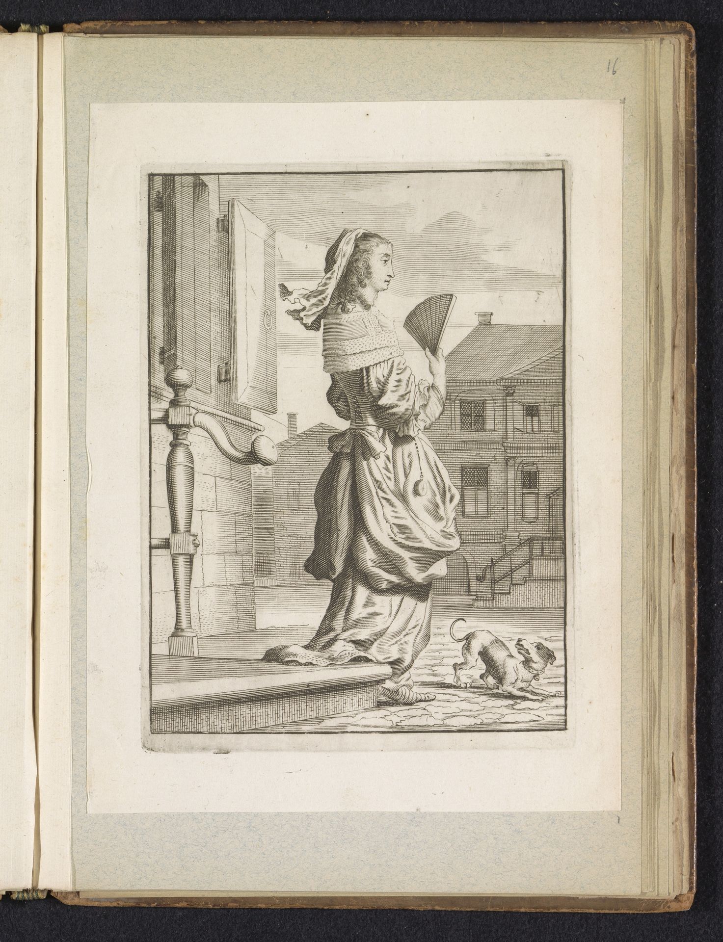 Dame met waaier, lopend op straat, gekleed volgens de mode omstreeks 1660 by Jan van Troyen