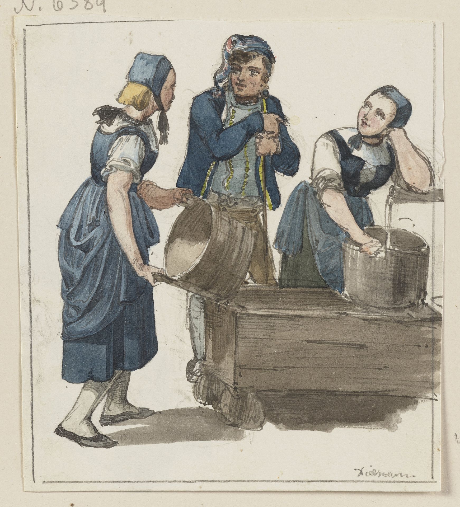Zwei Mädchen und ein Bursche am Brunnen by Jakob Fürchtegott Dielmann