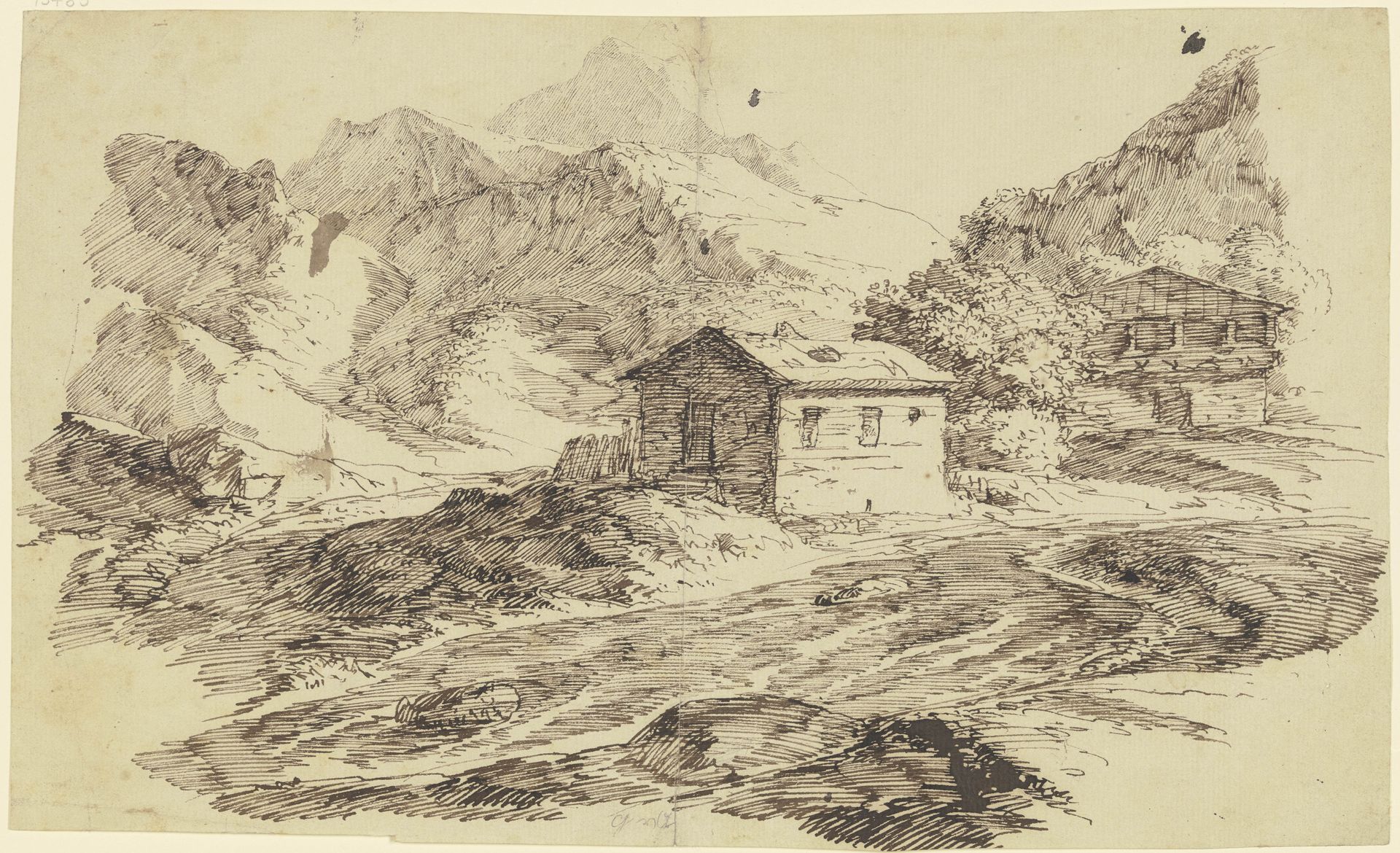 Alpental mit Bach und zwei Almhütten by Carl Friedrich von Rumohr