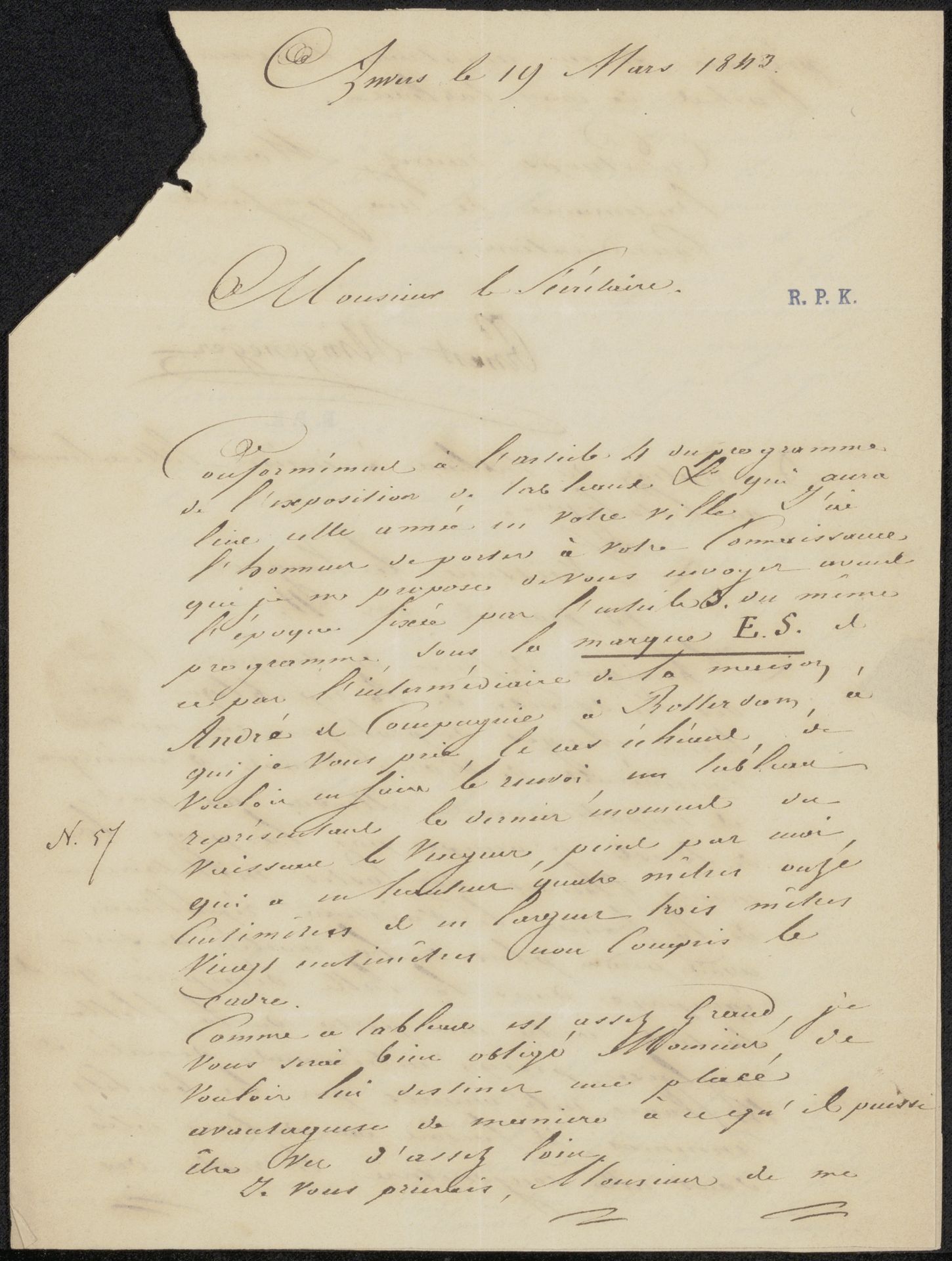 Brief aan jonkheer H.P.F. Hooft, secretaris van de commissie van de Tentoonstelling van Levende Meesters in Den Haag by Ernest Slingeneyer