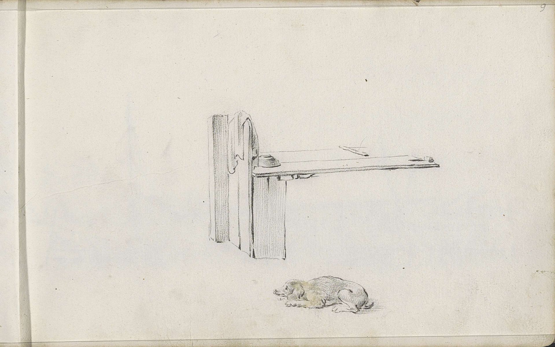 Liggende hond en een houten tafel of werkbank by Pieter Moninckx
