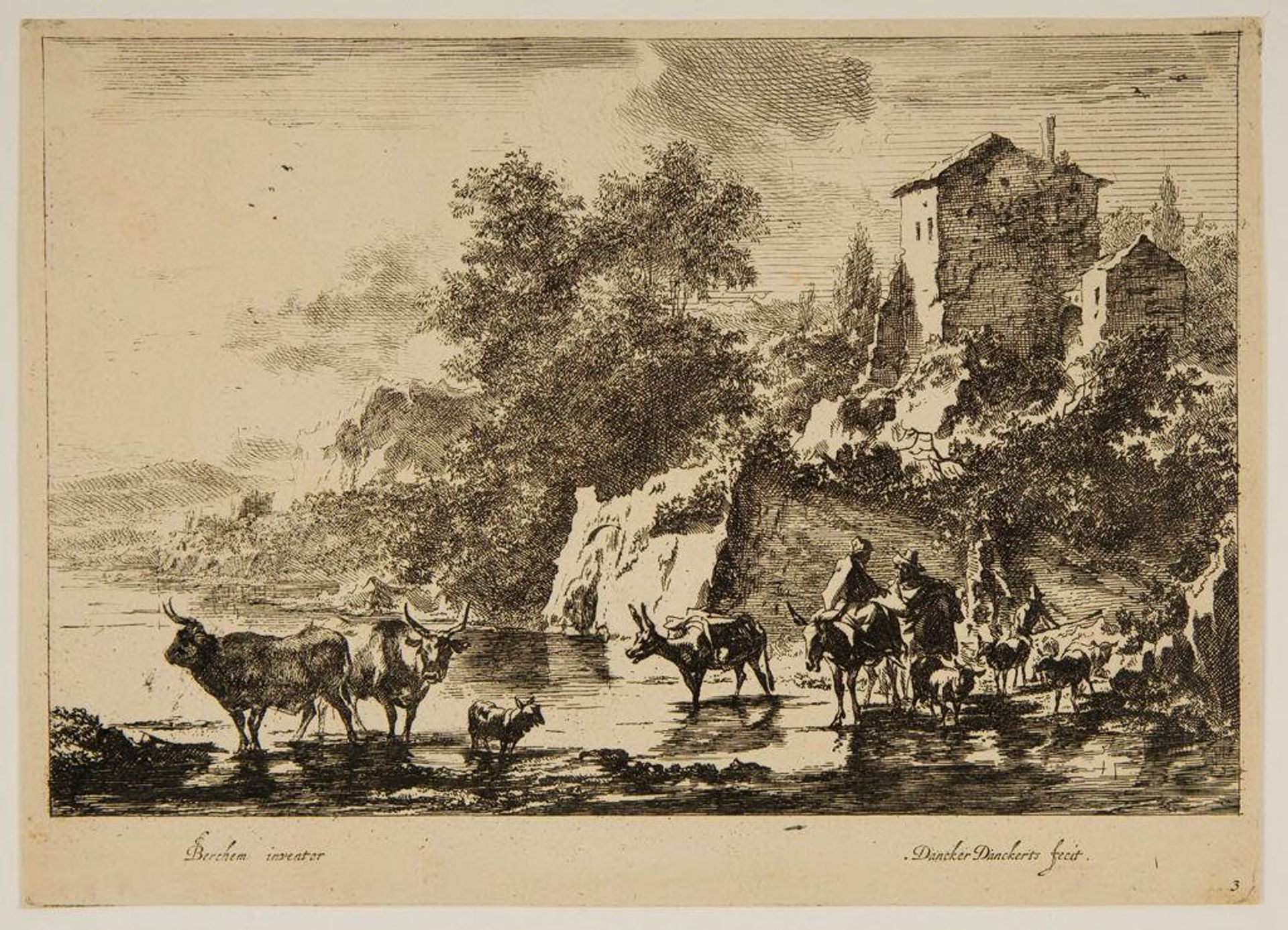 Landscape with Ruined Building:  Peasants and Cattle about to Ford a Stream by Dancker Danckerts