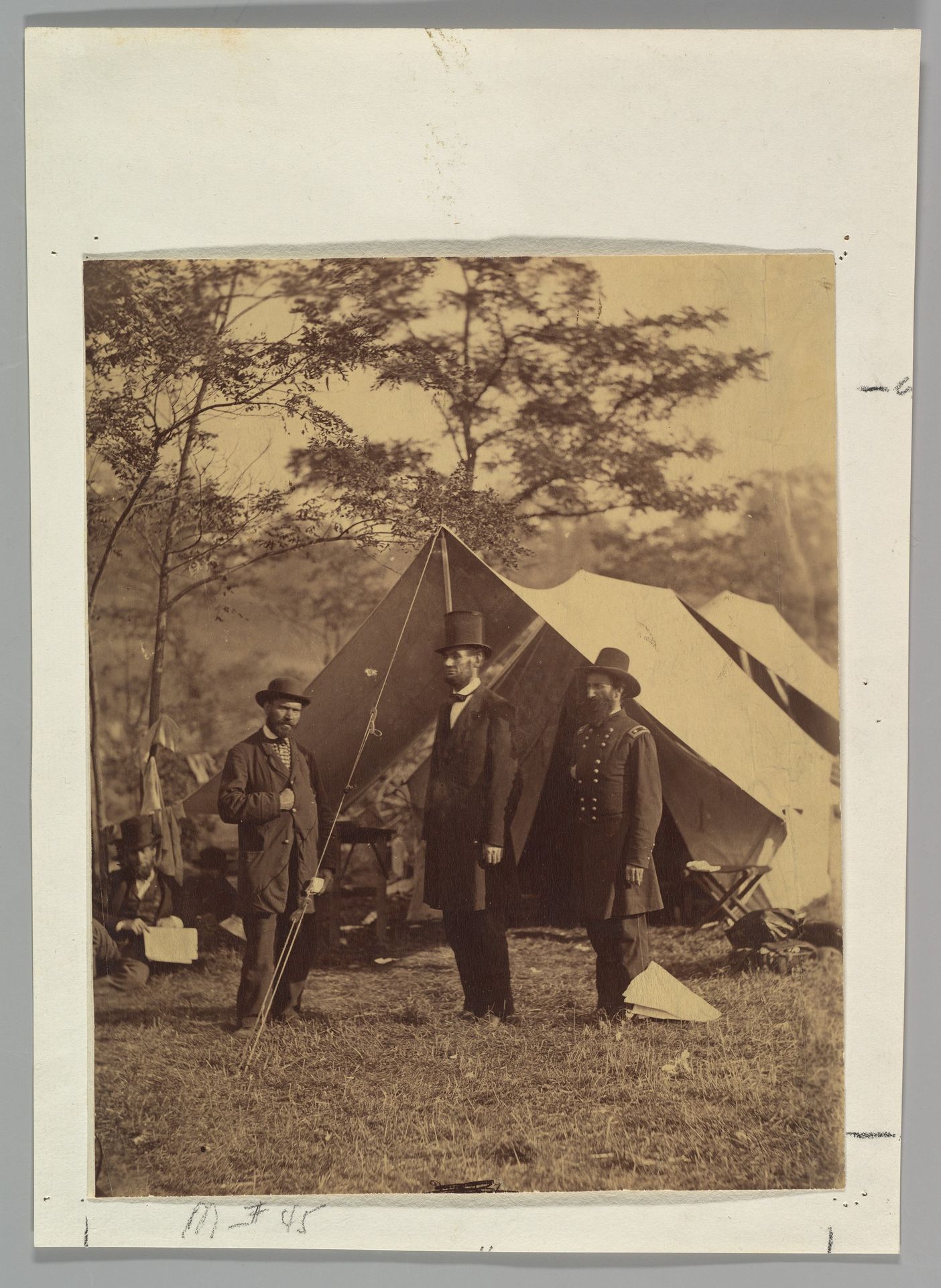 [President Abraham Lincoln, Major General John A. McClernand (right), and E. J. Allen (Allan Pinkerton, left), Chief of the Secret Service of the United States, at Secret Service Department, Headquarters Army of the Potomac, near  Antietam, Maryland] by Alexander Gardner