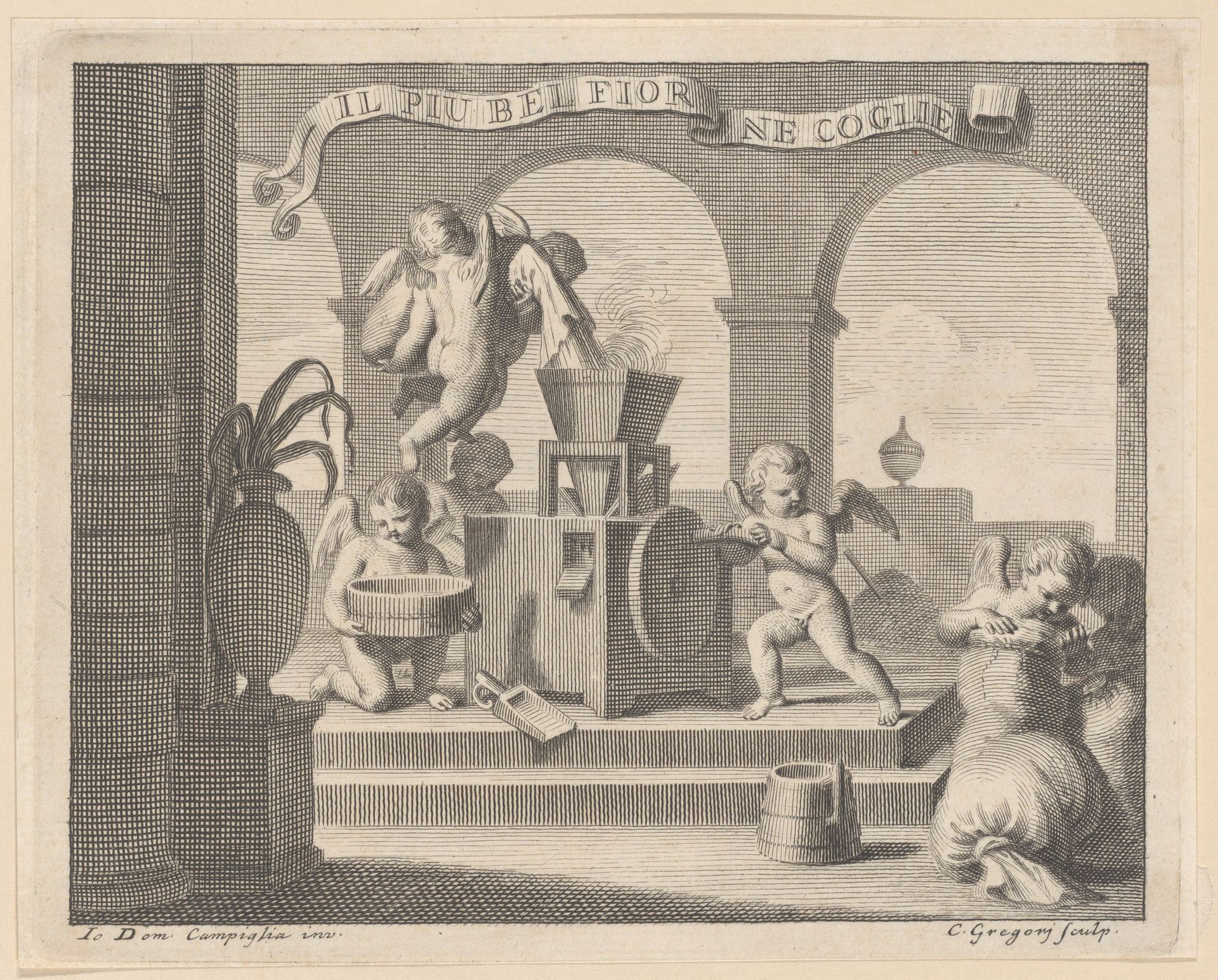 She gathers the fairest flower (Il più bel fior ne coglie), a group of six putti working together in an arched workshop by Carlo Gregori